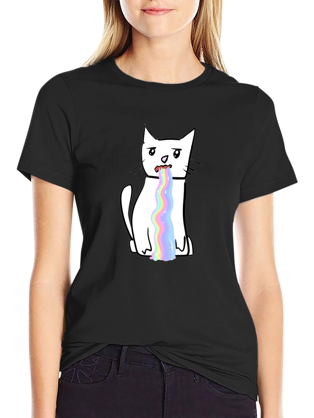 Funny Rainbow Puke Cat Graphic T-Shirt