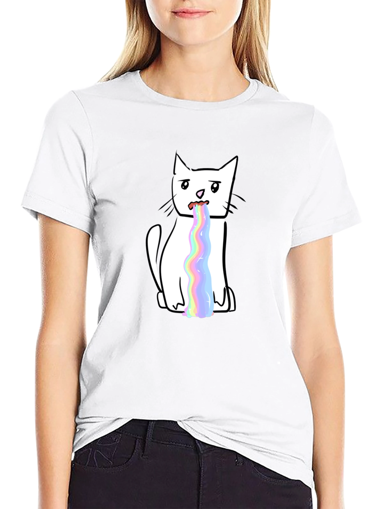 Funny Rainbow Puke Cat Graphic T-Shirt