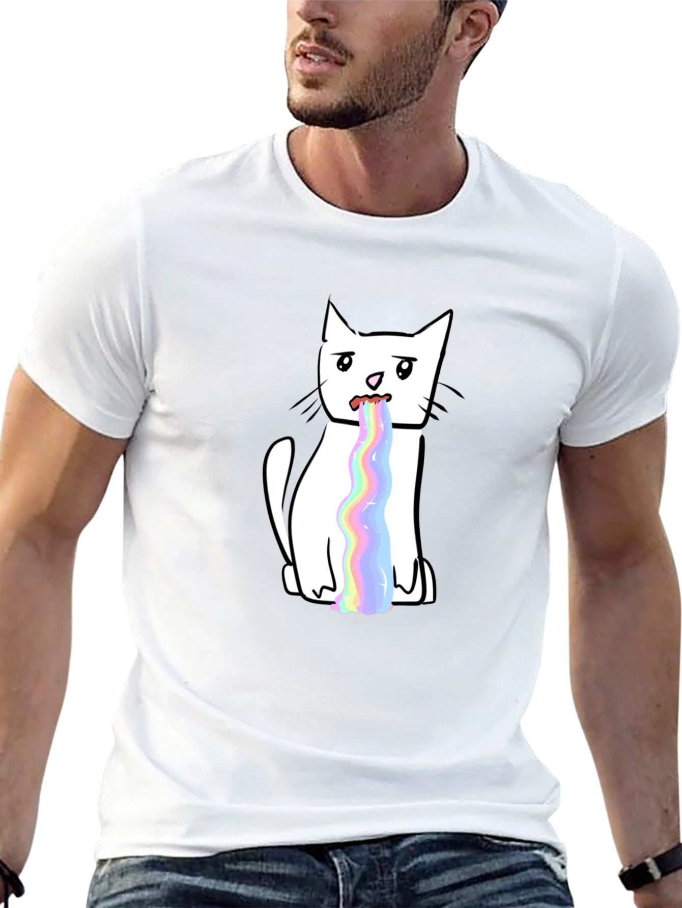 Funny Rainbow Puke Cat Graphic T-Shirt