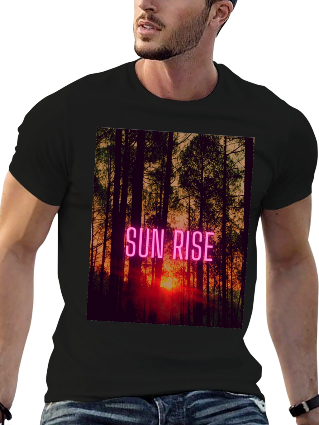 Sunrise Forest Graphic Tee - Black Cotton T-Shirt