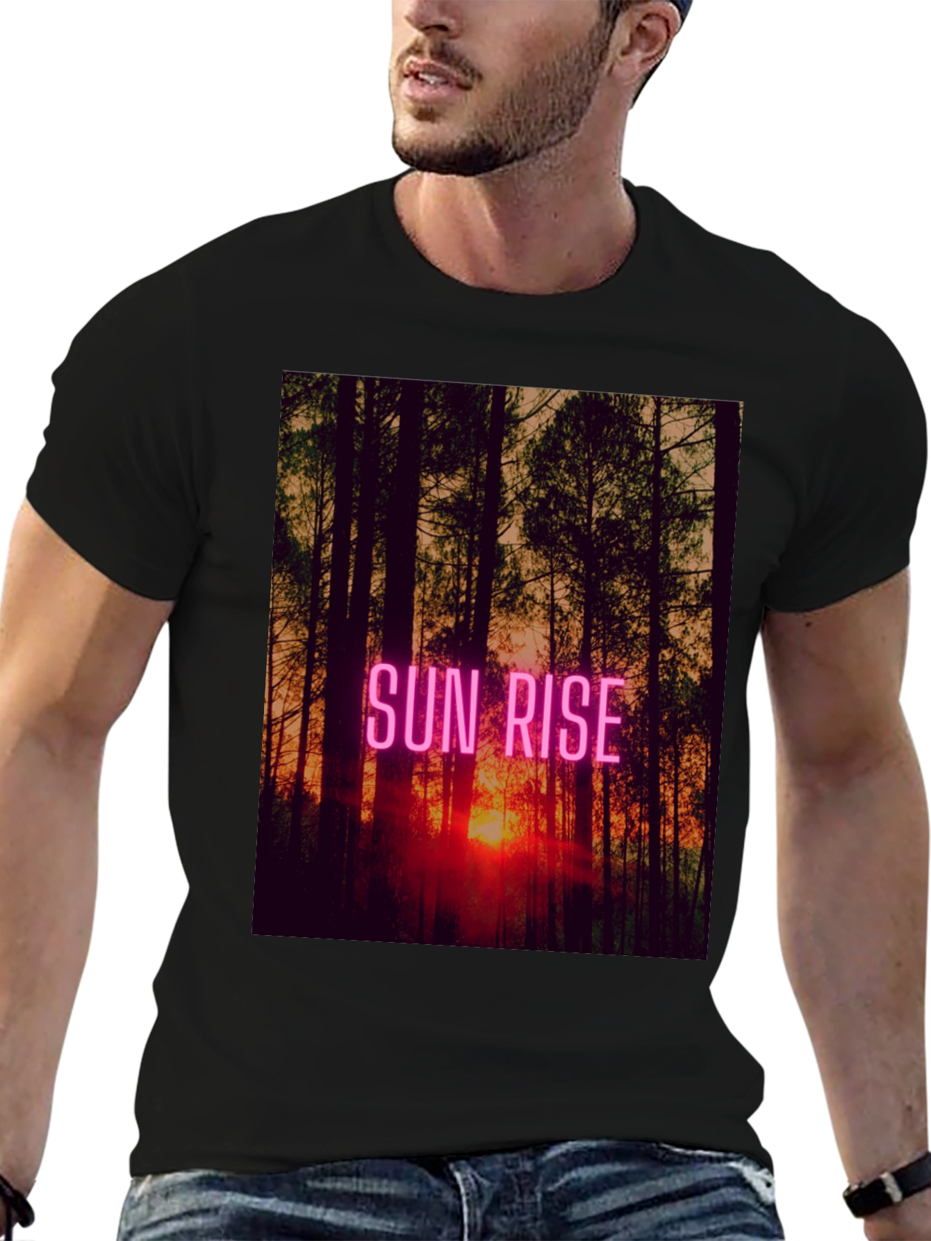 Sunrise Forest Graphic Tee - Black Cotton T-Shirt