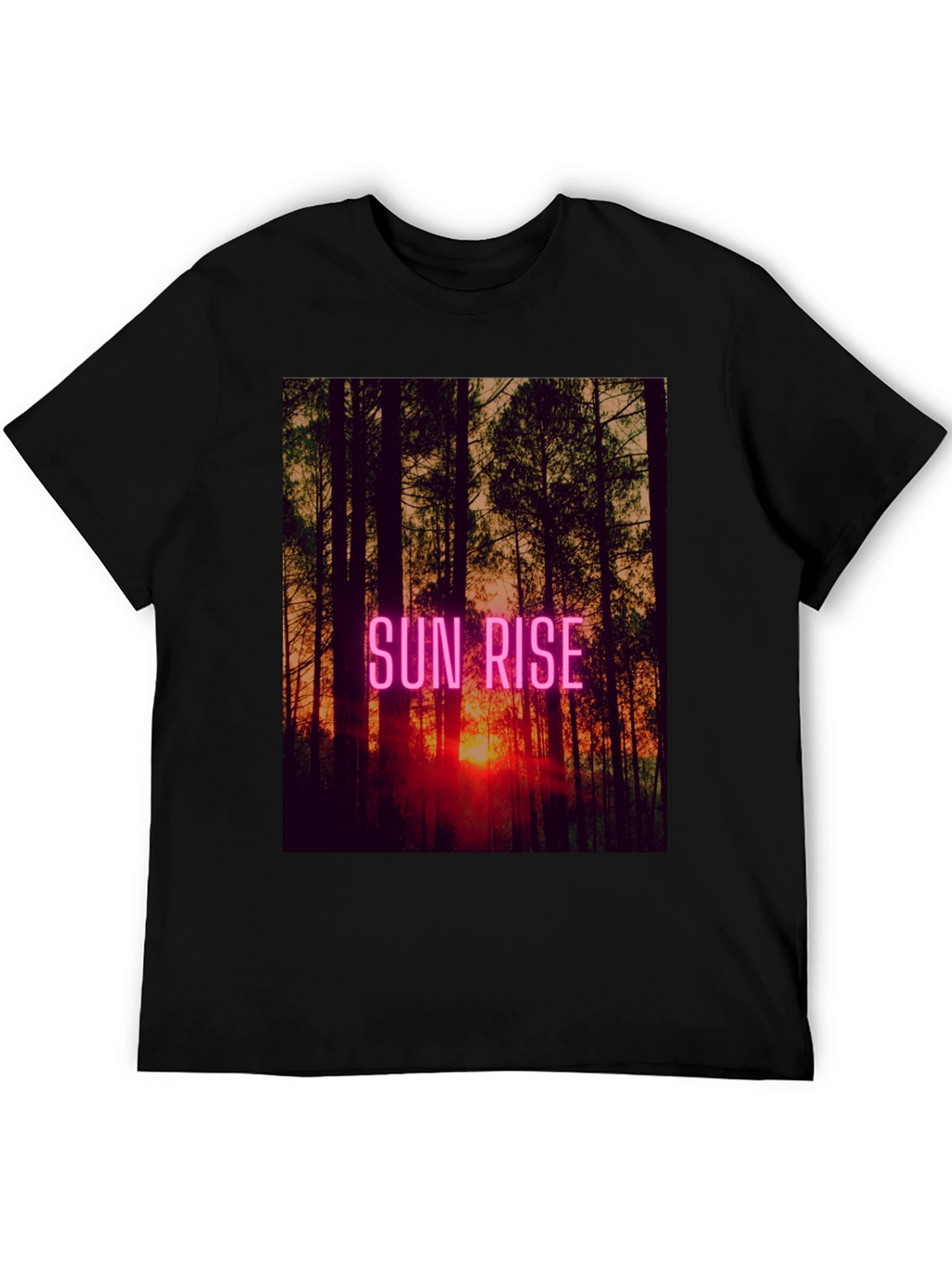 Sunrise Forest Graphic Tee - Black Cotton T-Shirt