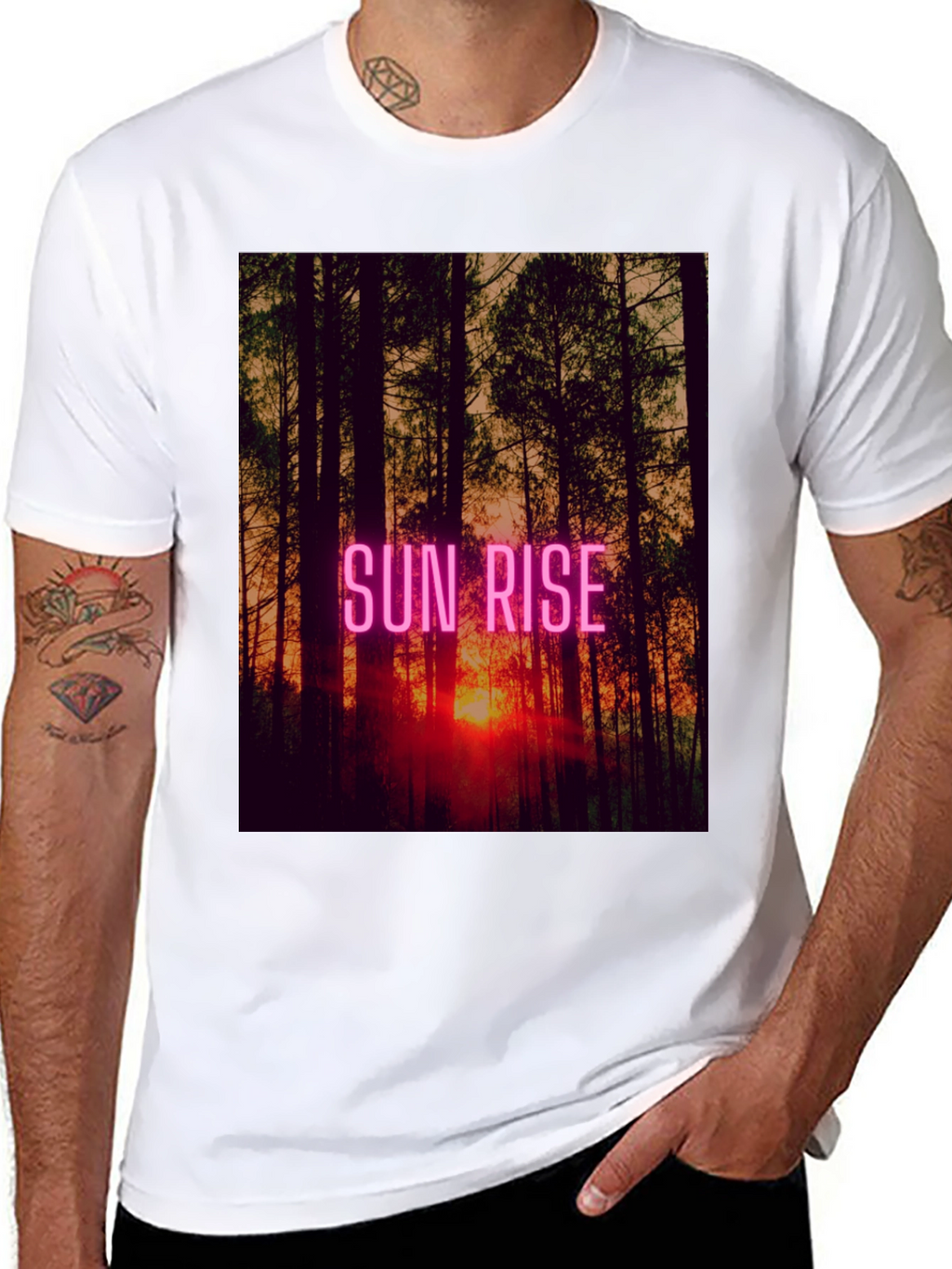 Sunrise Forest Graphic Tee - Black Cotton T-Shirt