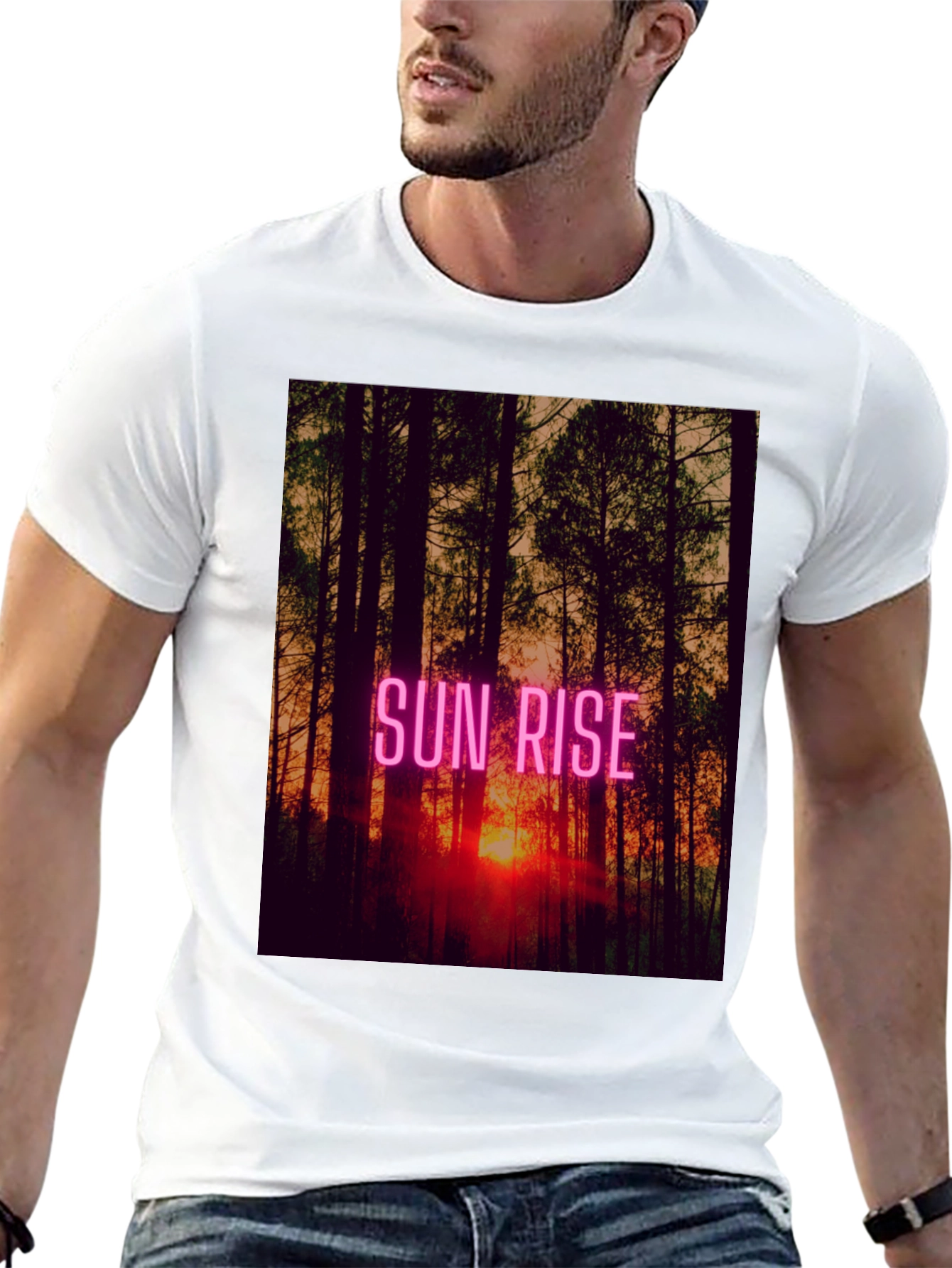 Sunrise Forest Graphic Tee - Black Cotton T-Shirt