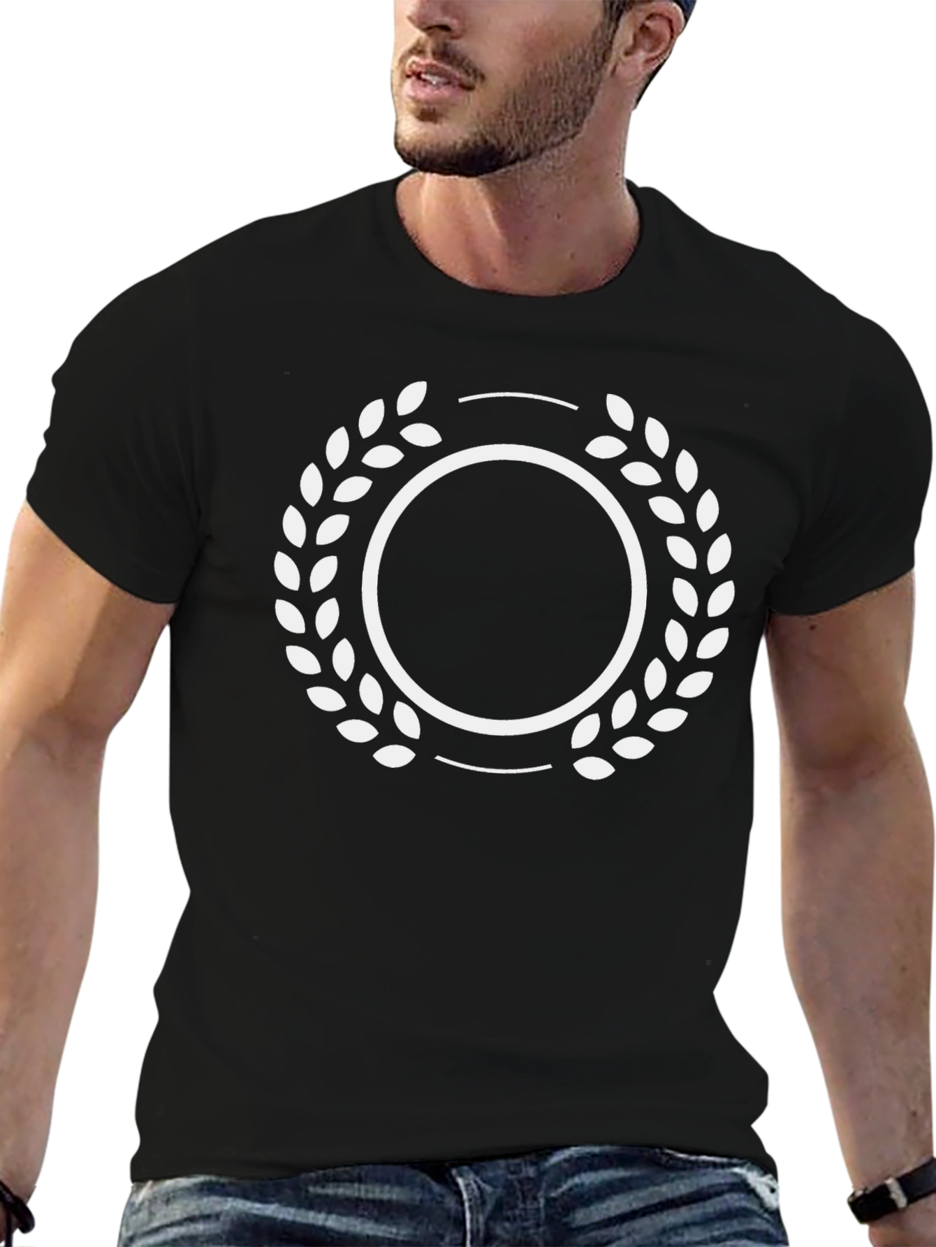 Black T-Shirt with White Laurel Wreath Graphic
