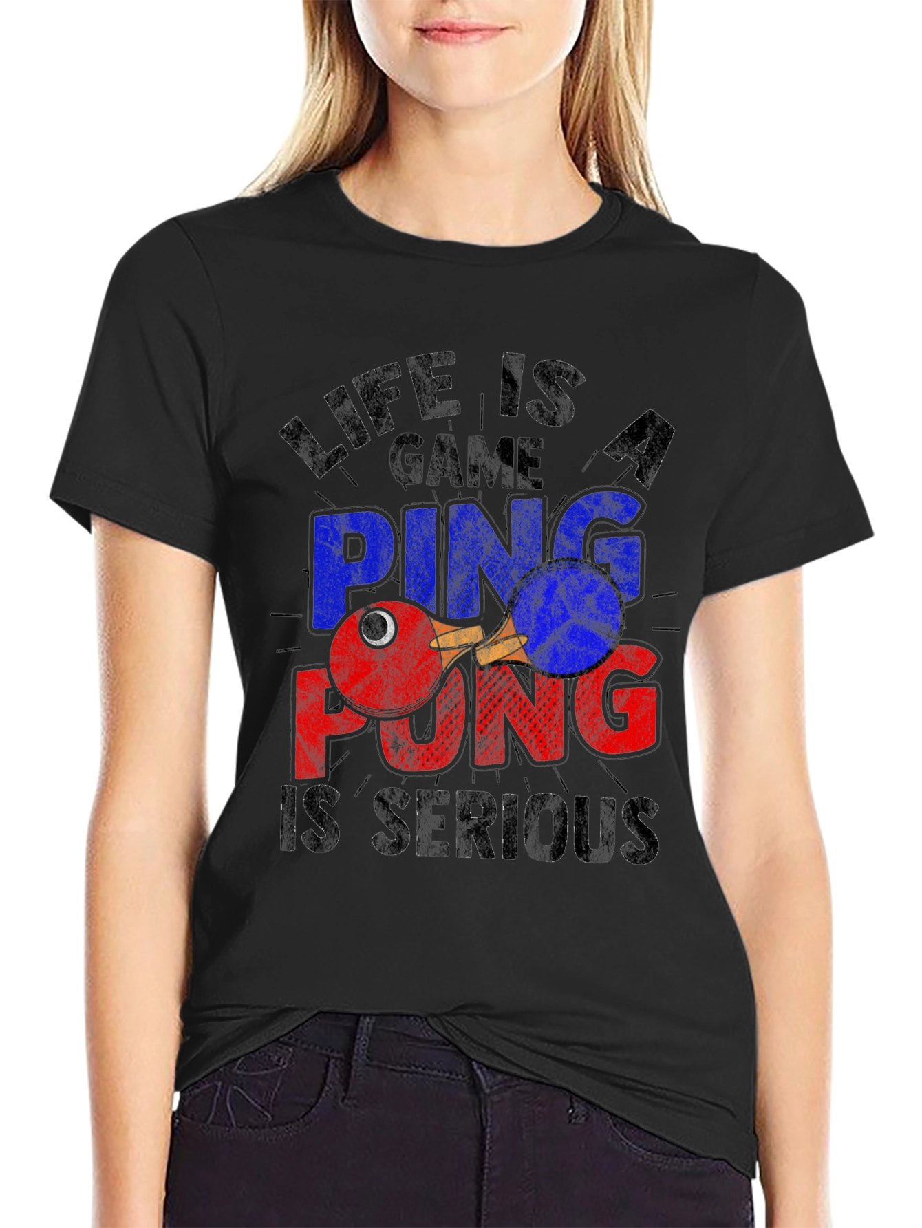 Life Is a Game Ping Pong Serious Black T-Shirt