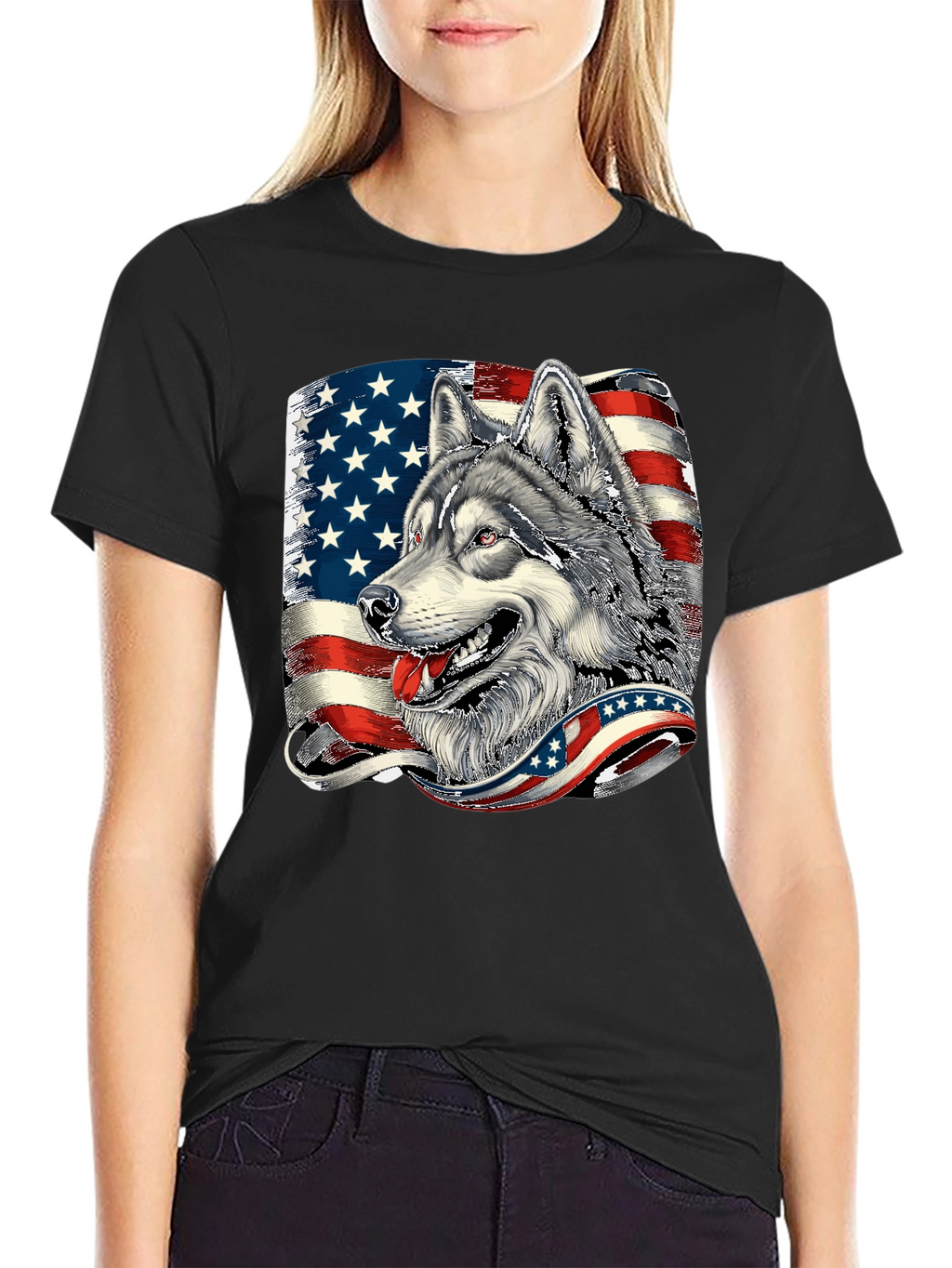 Patriotic Wolf Graphic Tee - American Flag Design