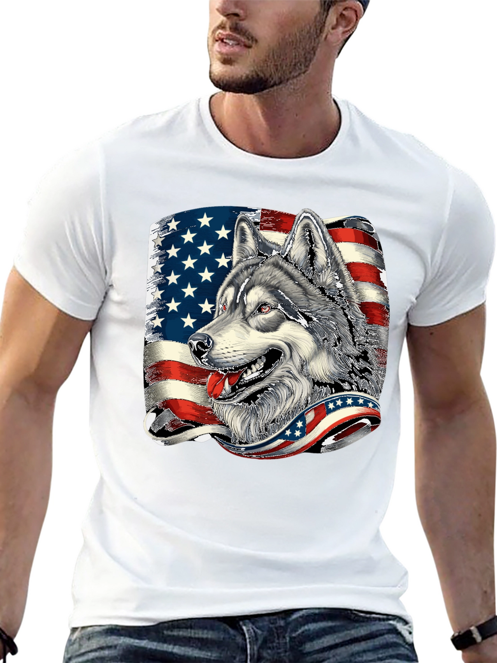 Patriotic Wolf Graphic Tee - American Flag Design
