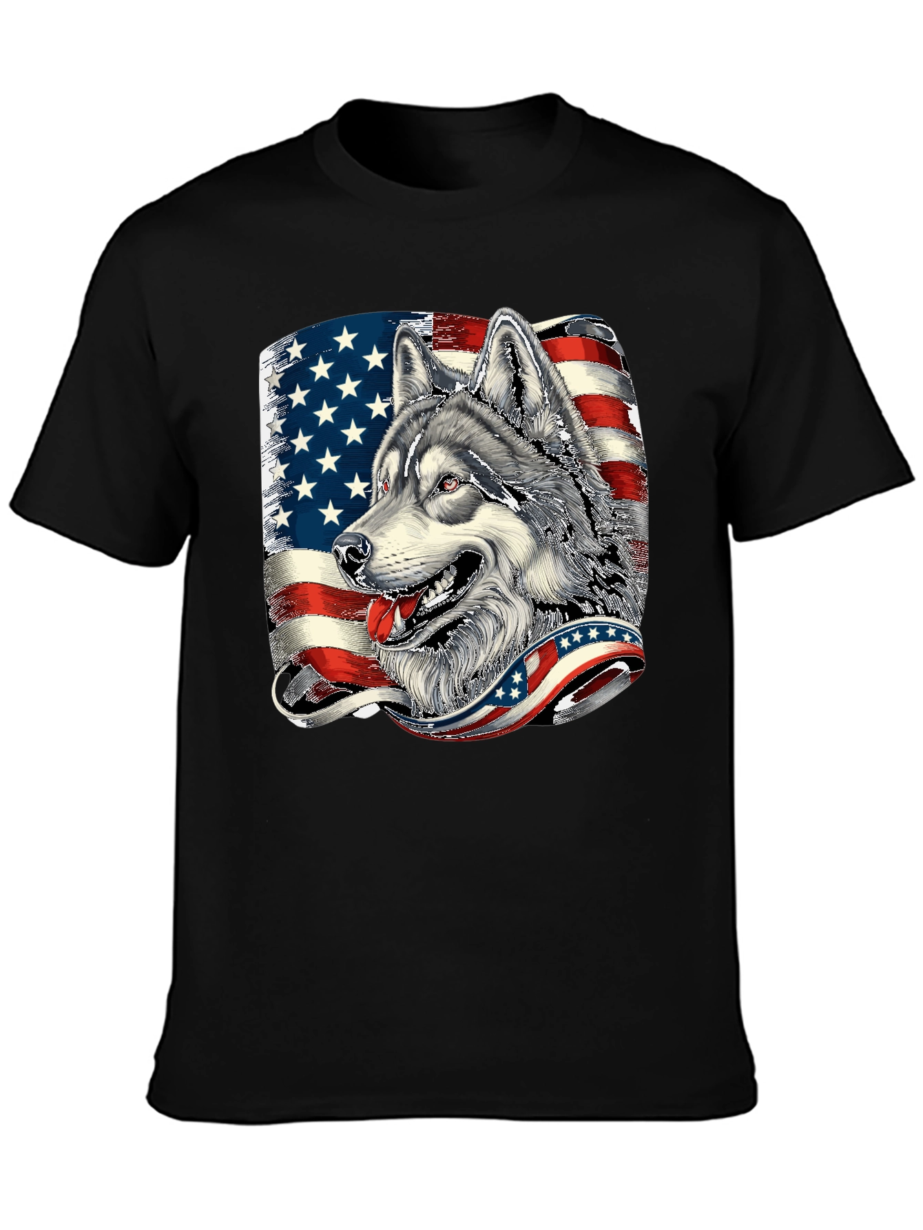 Patriotic Wolf Graphic Tee - American Flag Design