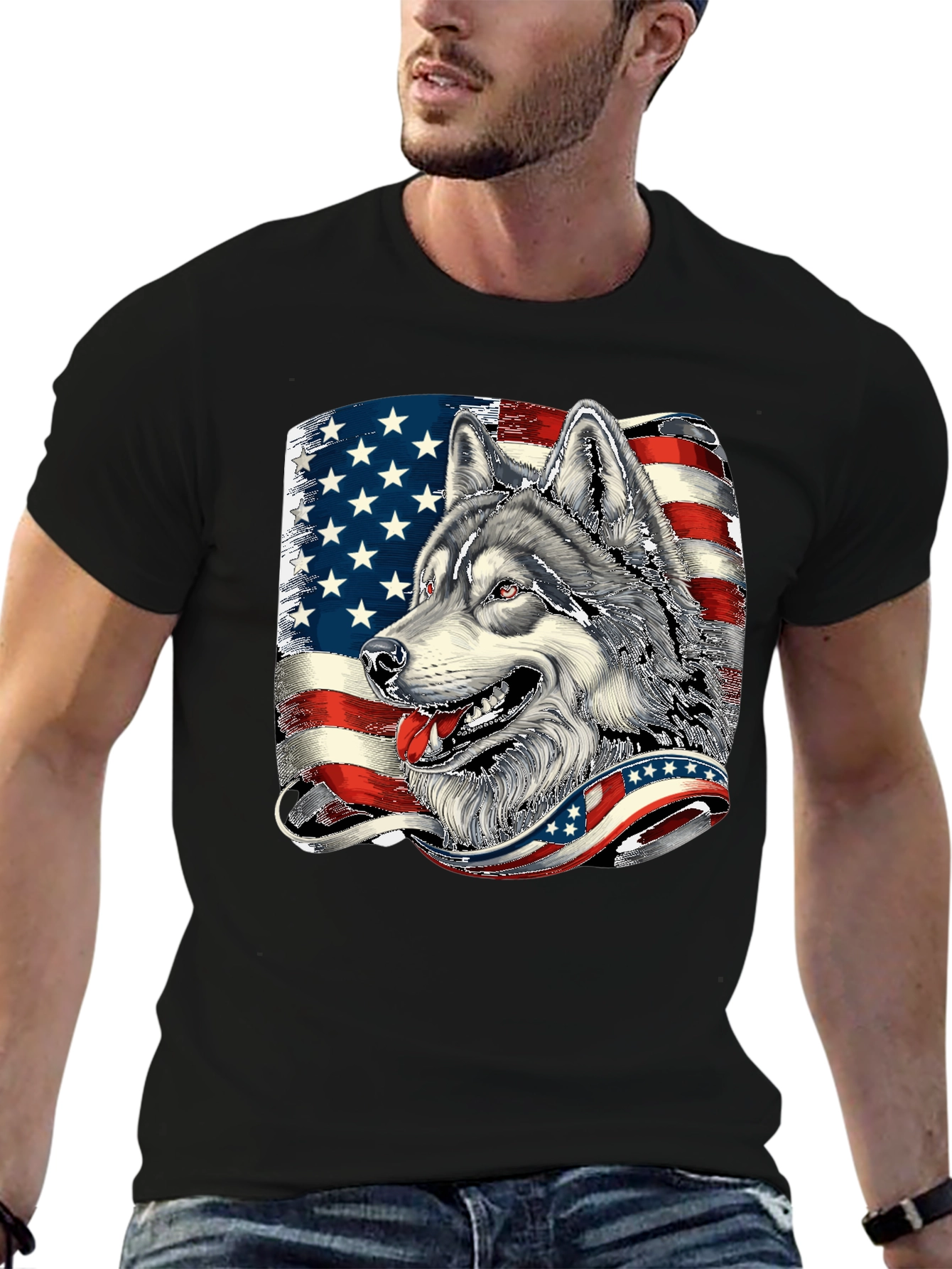 Patriotic Wolf Graphic Tee - American Flag Design
