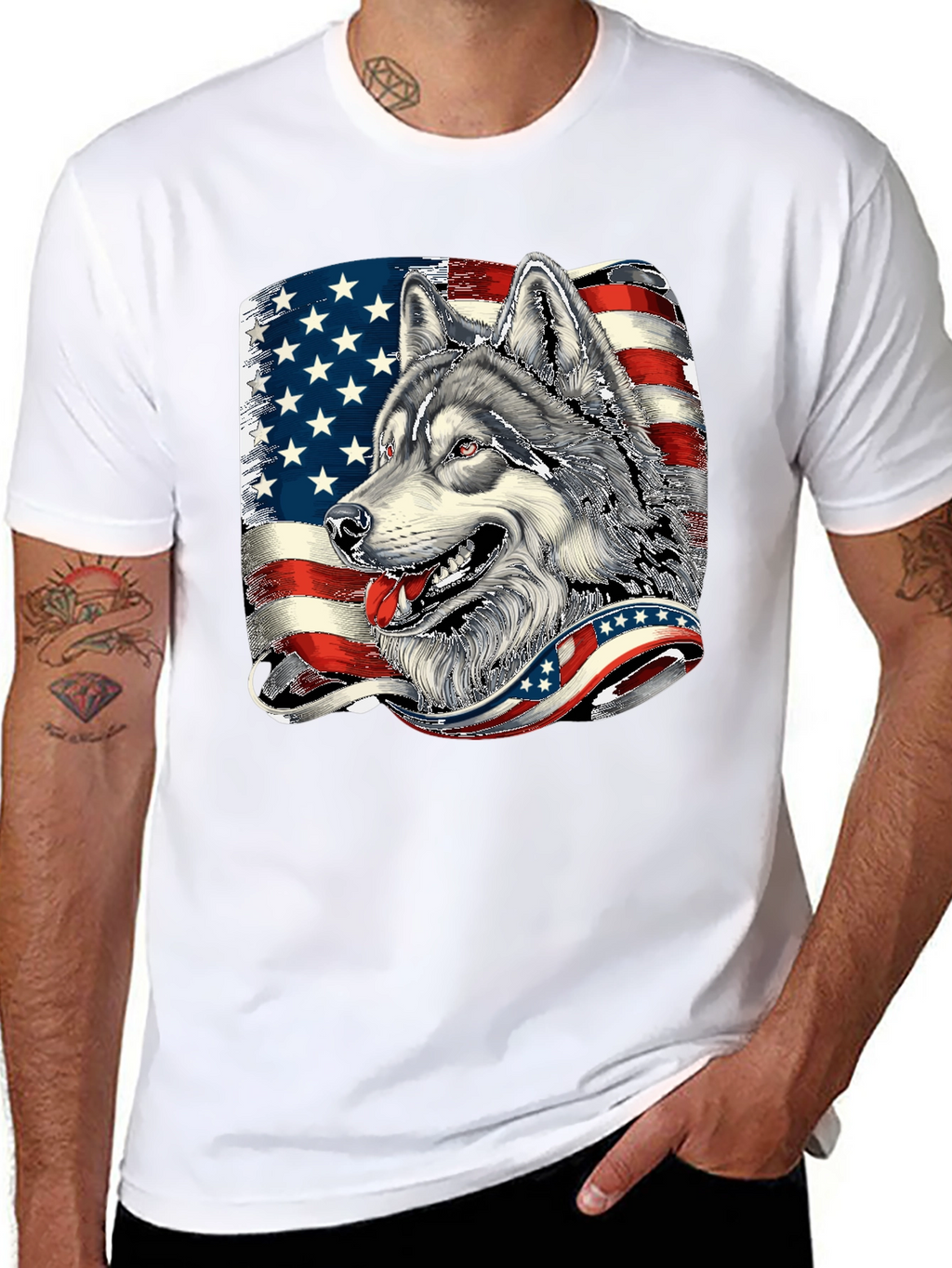 Patriotic Wolf Graphic Tee - American Flag Design