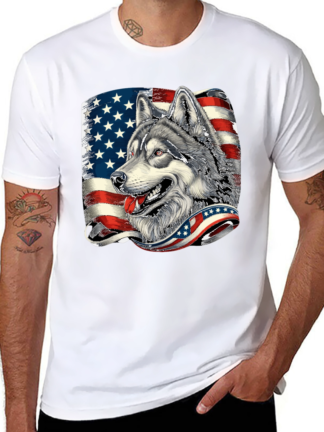 Patriotic Wolf Graphic Tee - American Flag Design