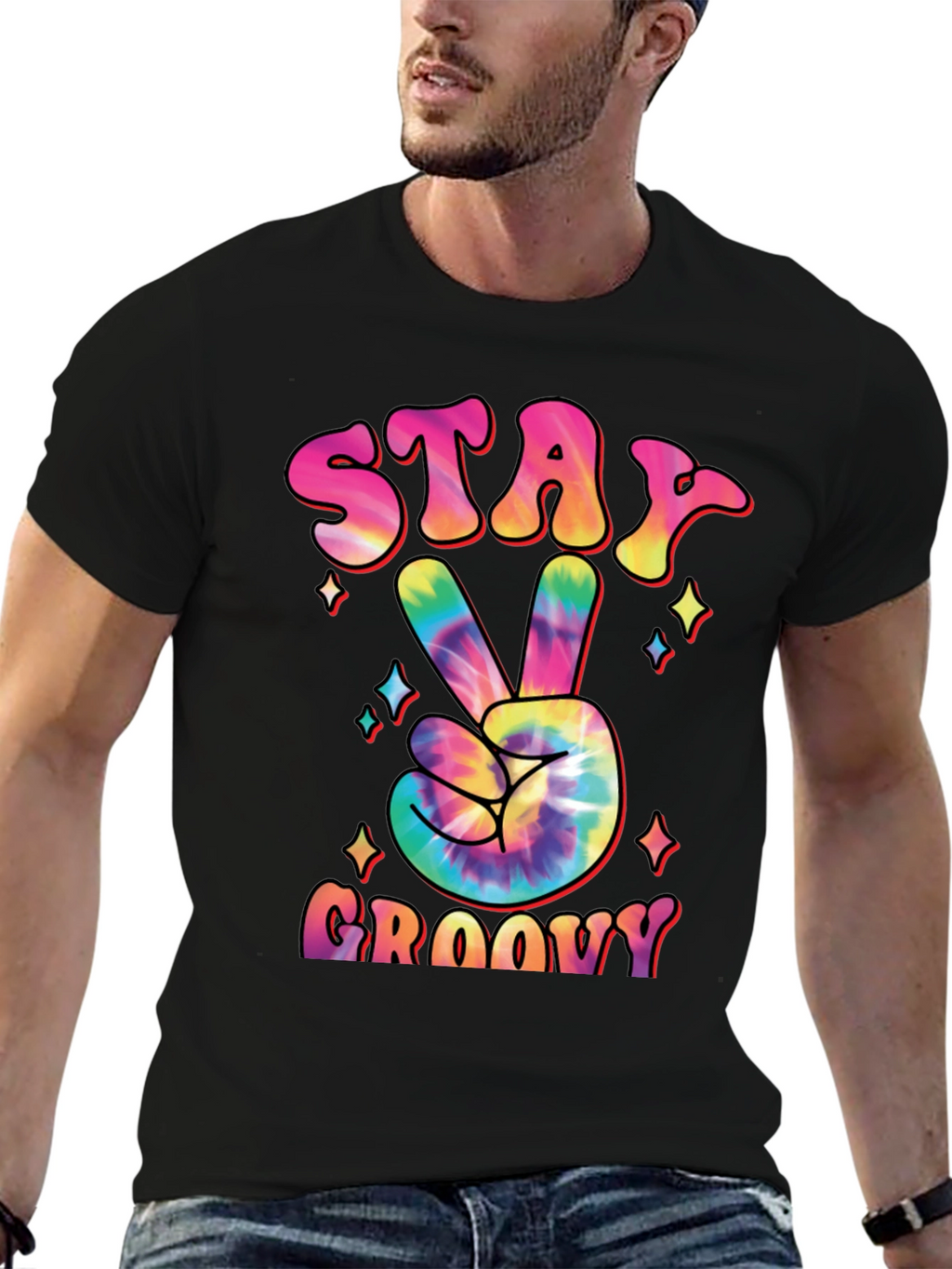 Stay Groovy Tie Dye Peace Sign Graphic T-Shirt