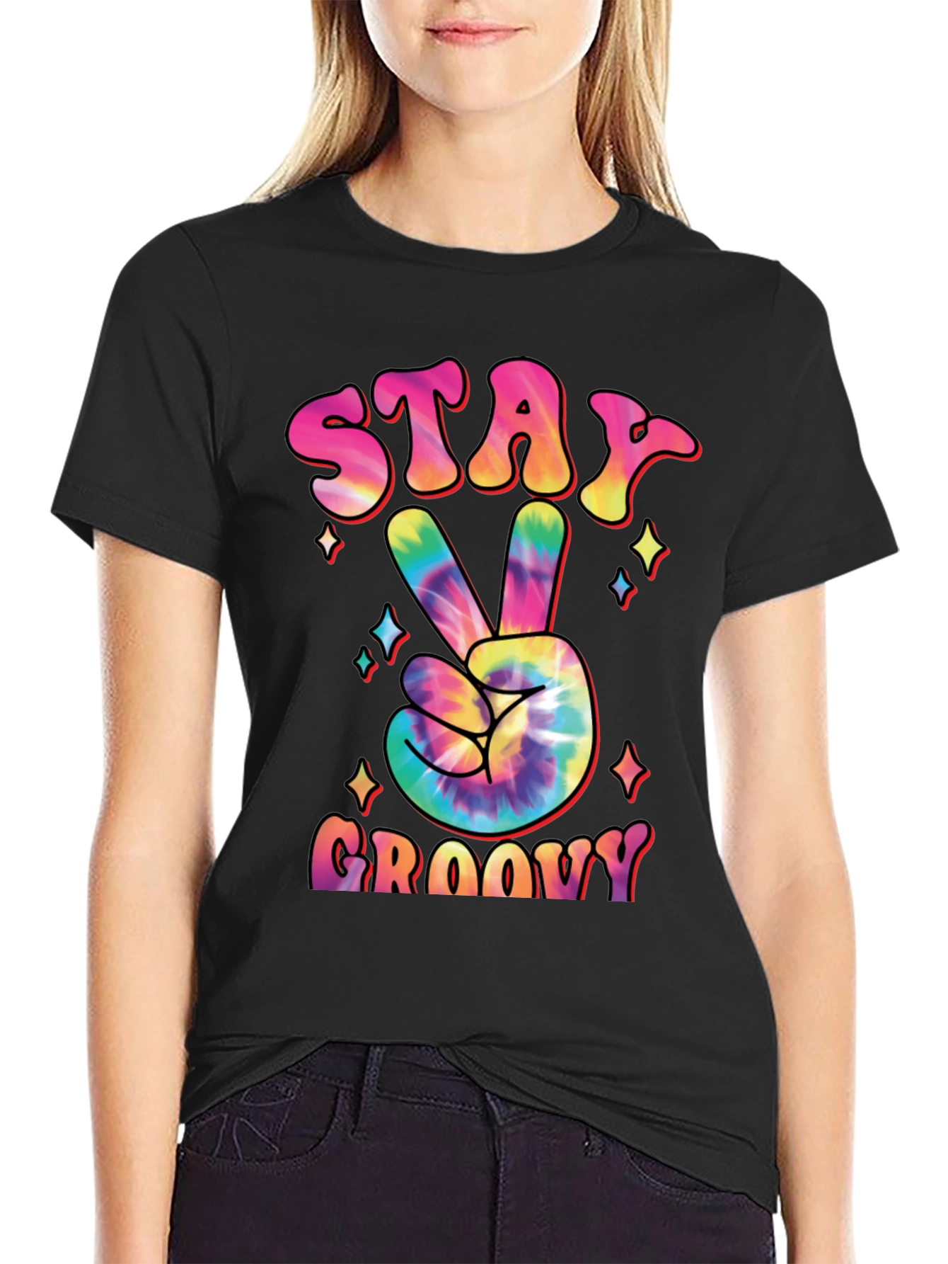 Stay Groovy Tie Dye Peace Sign Graphic T-Shirt