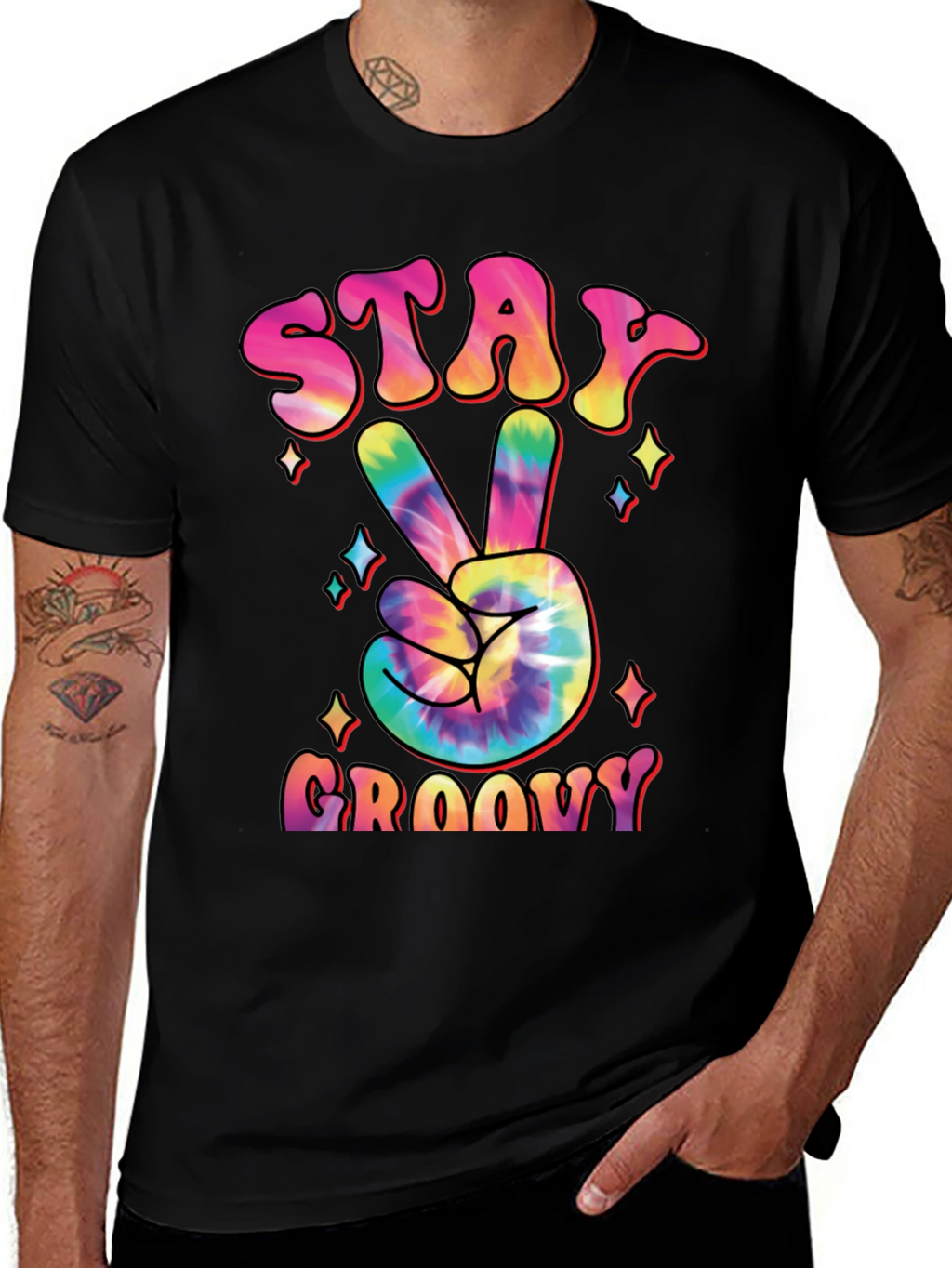 Stay Groovy Tie Dye Peace Sign Graphic T-Shirt