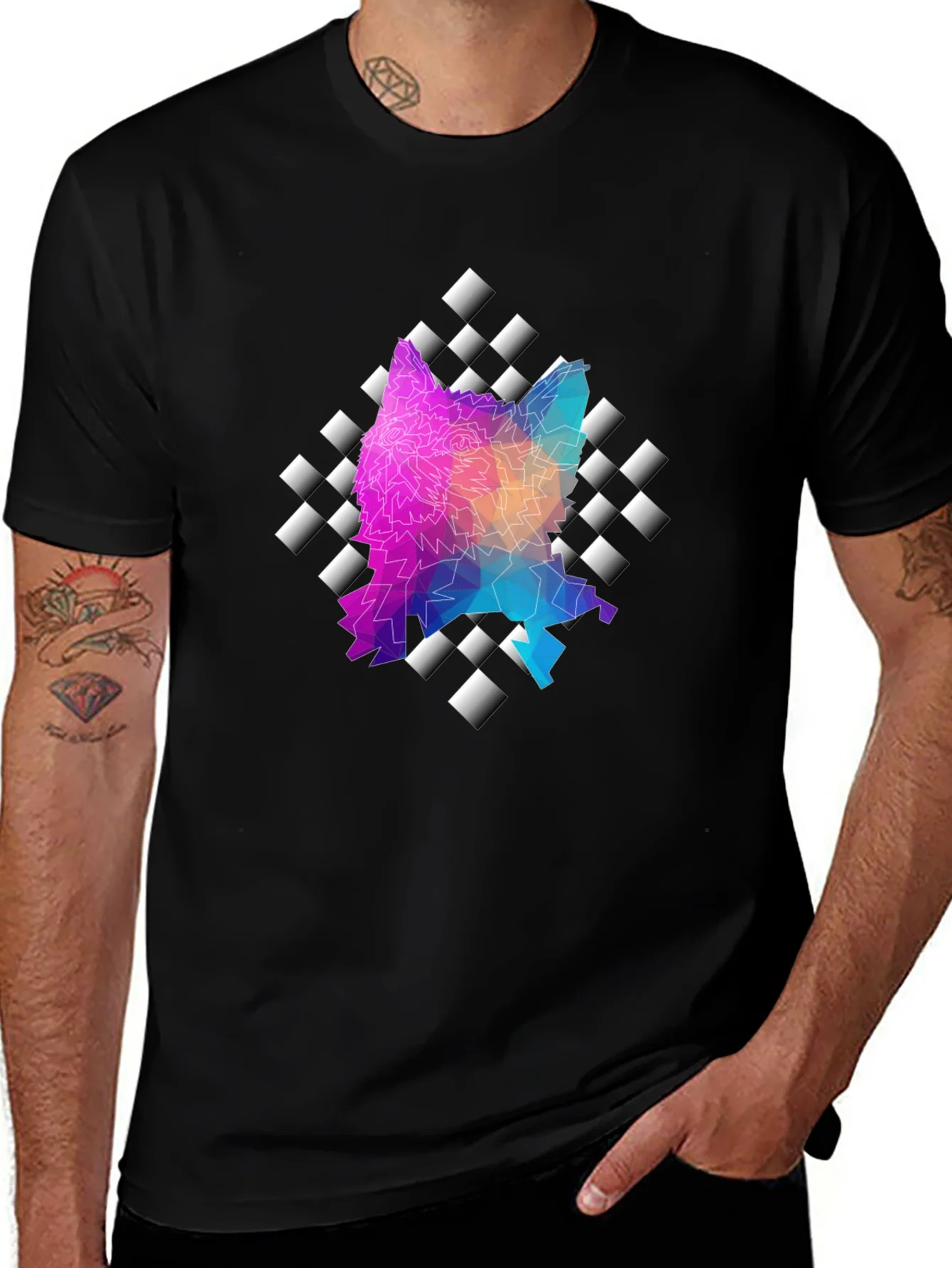 Geometric Wolf Graphic Black Tee