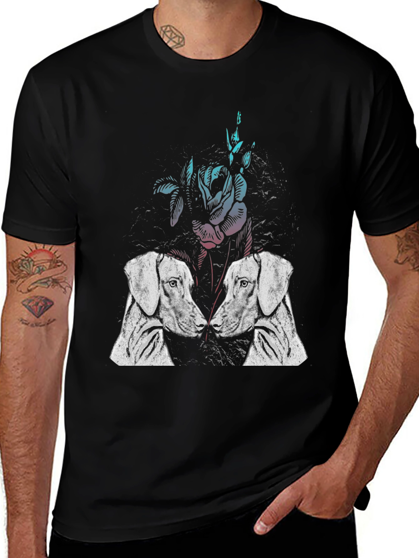 Dog & Floral Print T-Shirt - Casual Graphic Tee