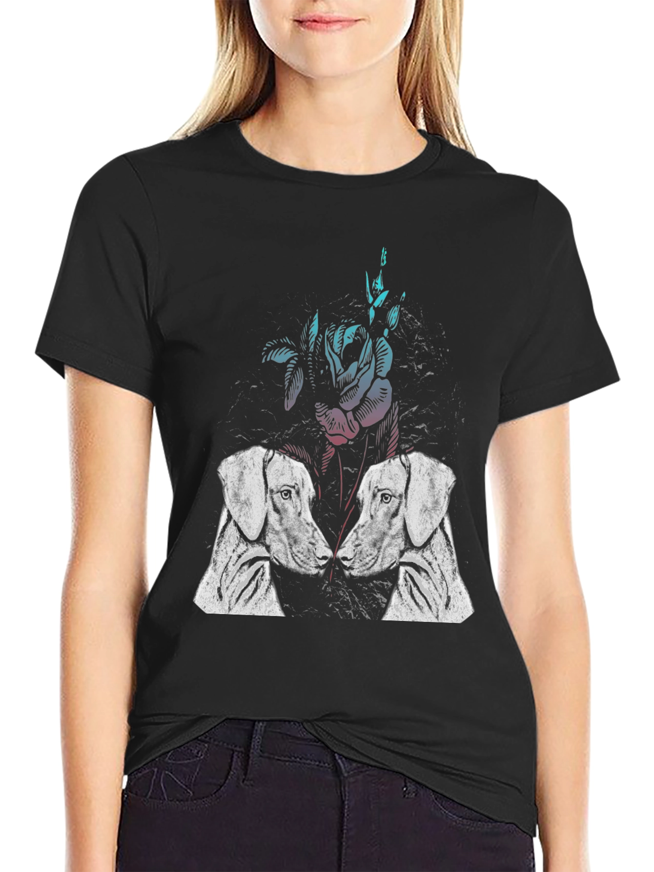 Dog & Floral Print T-Shirt - Casual Graphic Tee