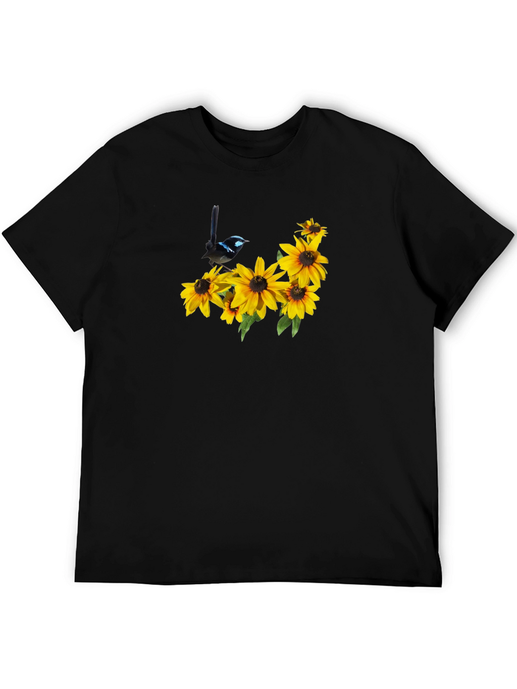 Black Tee with Bird and Sunflower Graphic