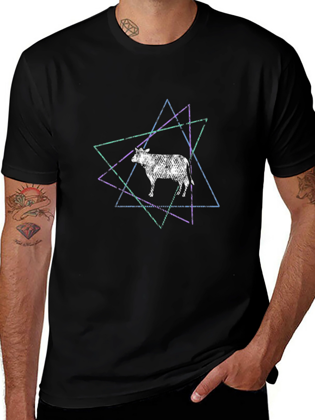 Cow Geometric Graphic Print Black T-Shirt