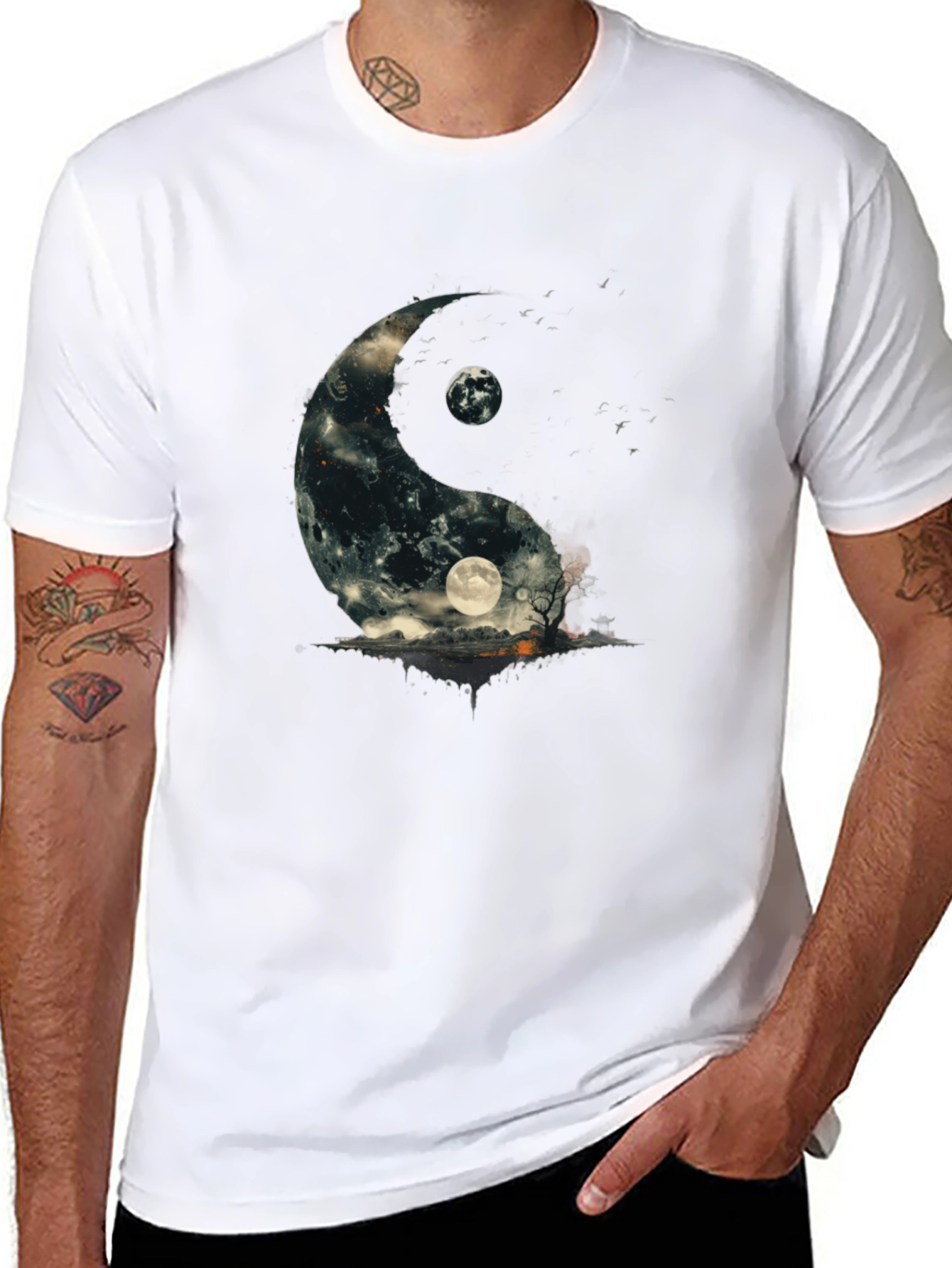Yin Yang Moon Graphic T-Shirt - Black