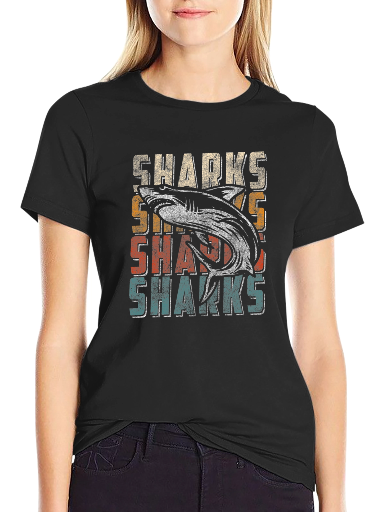 Vintage Sharks Graphic Mens T-Shirt - Black