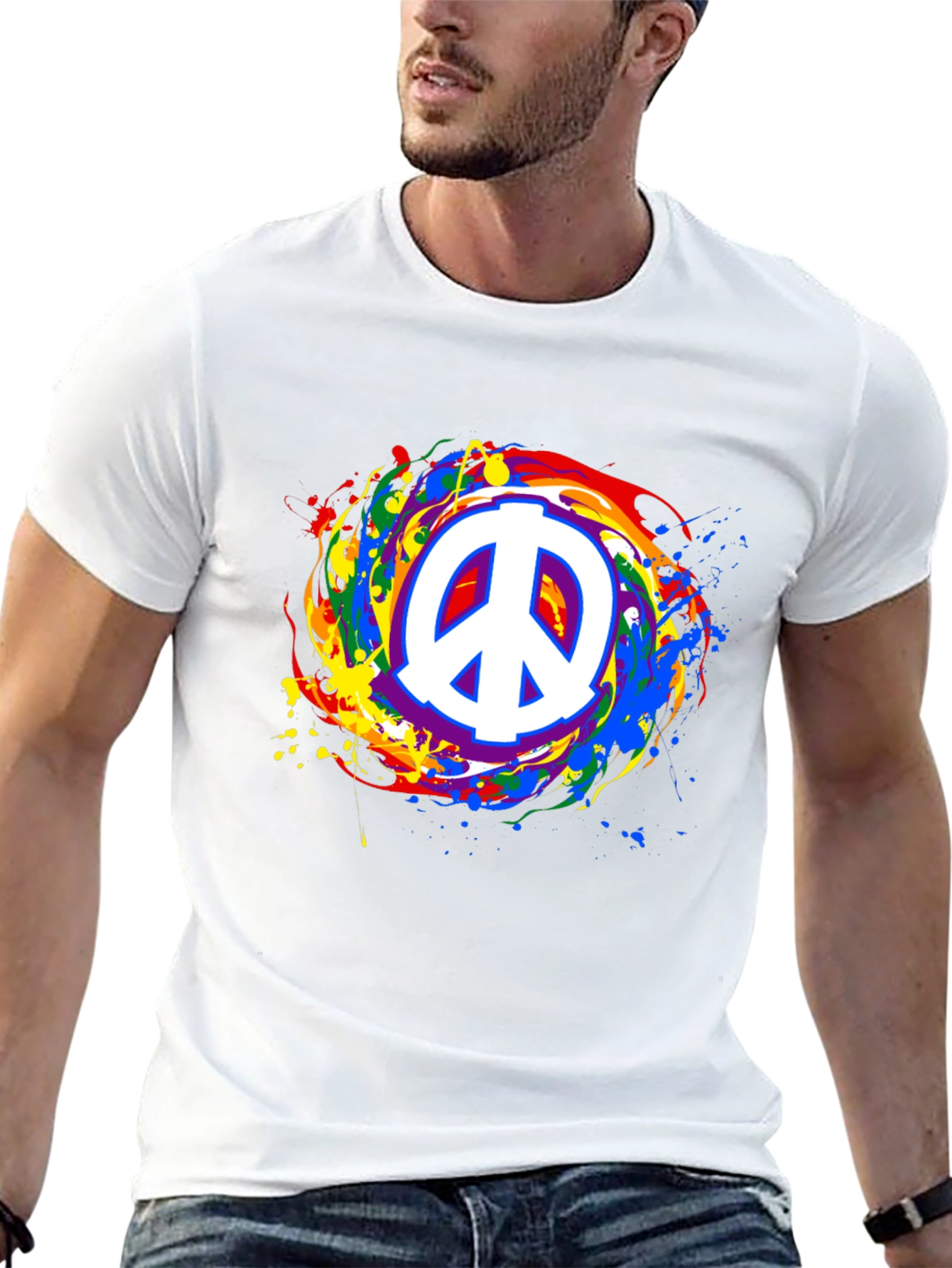 Peace Sign Rainbow Splatter Black T-Shirt