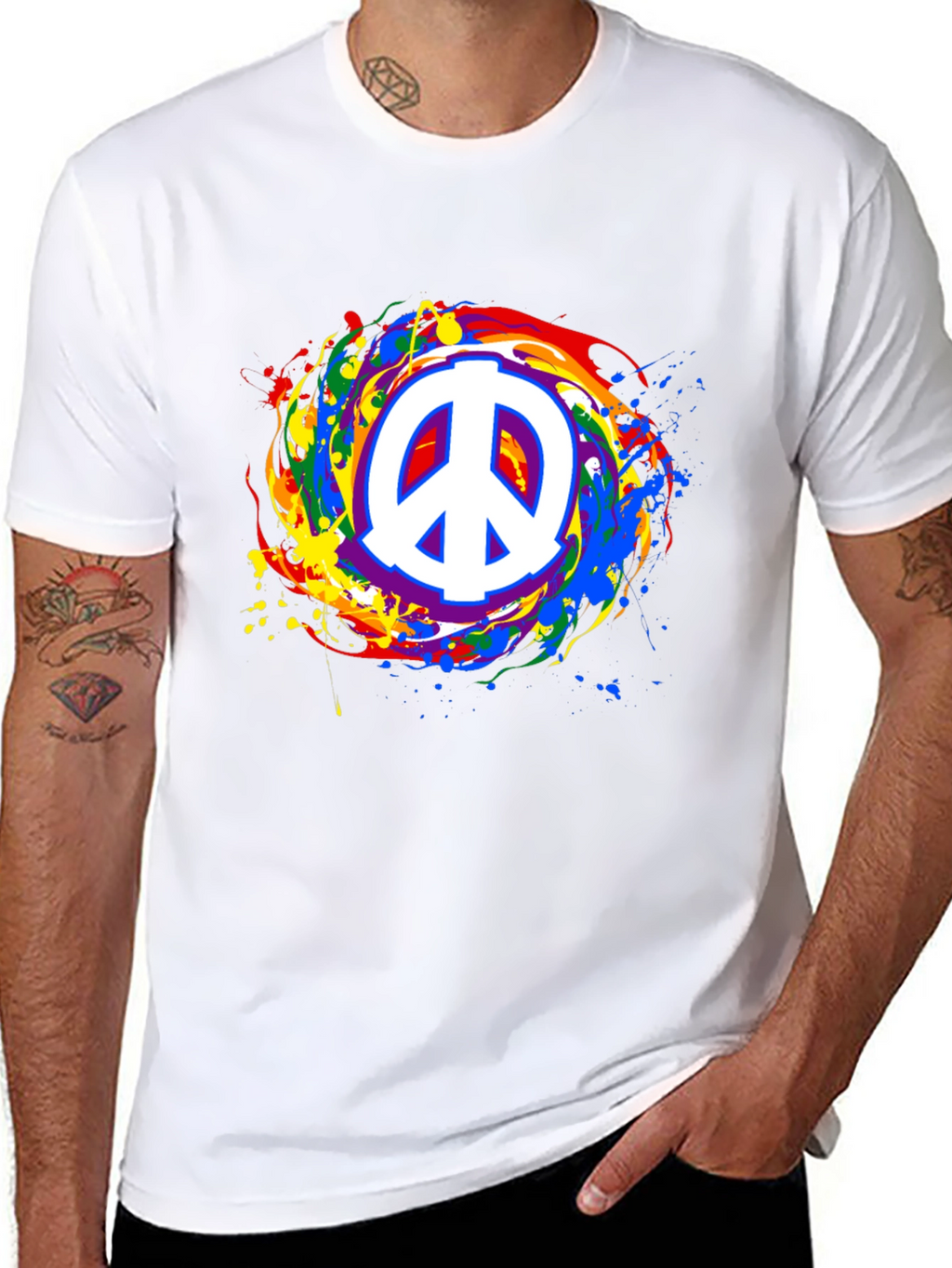 Peace Sign Rainbow Splatter Black T-Shirt