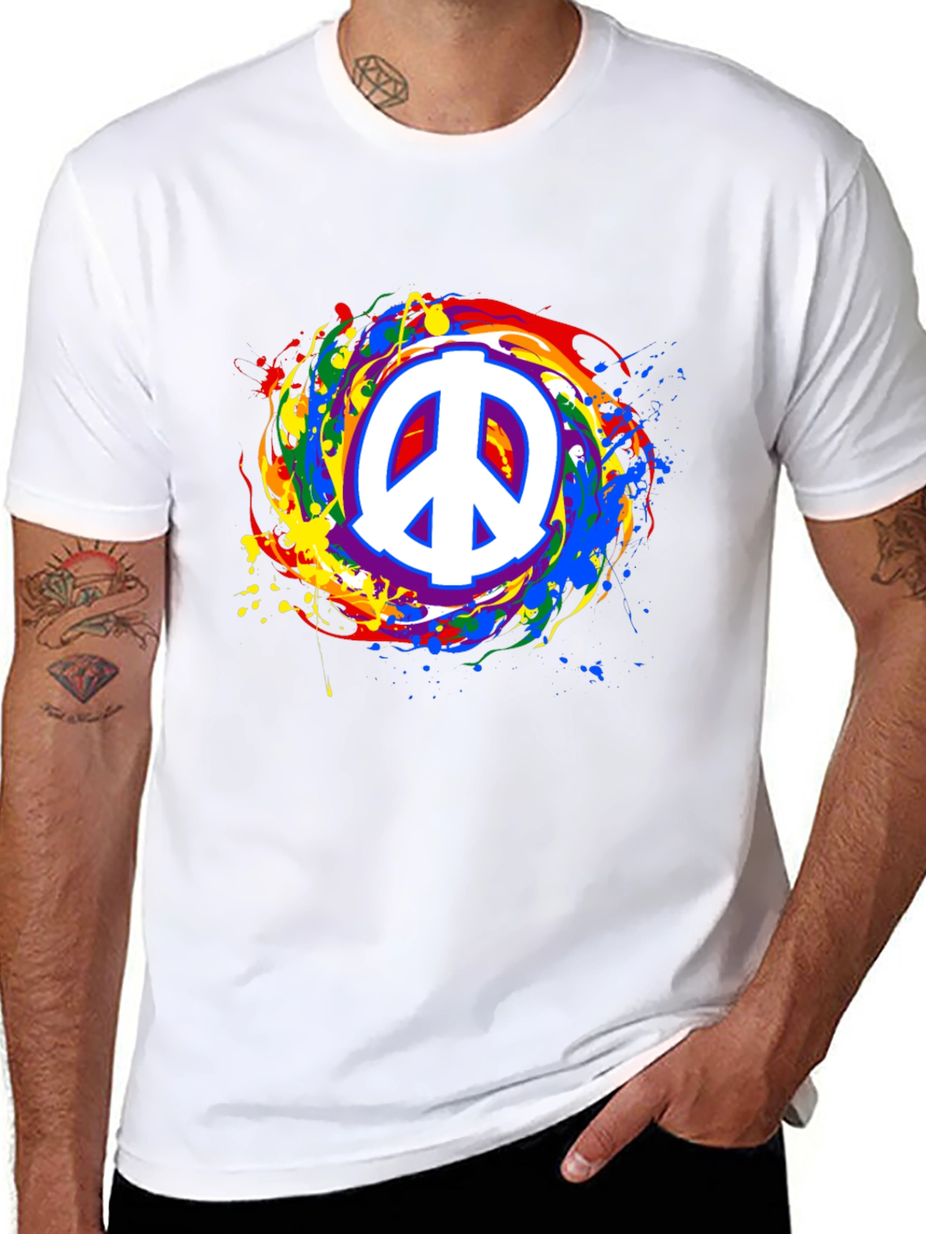 Peace Sign Rainbow Splatter Black T-Shirt