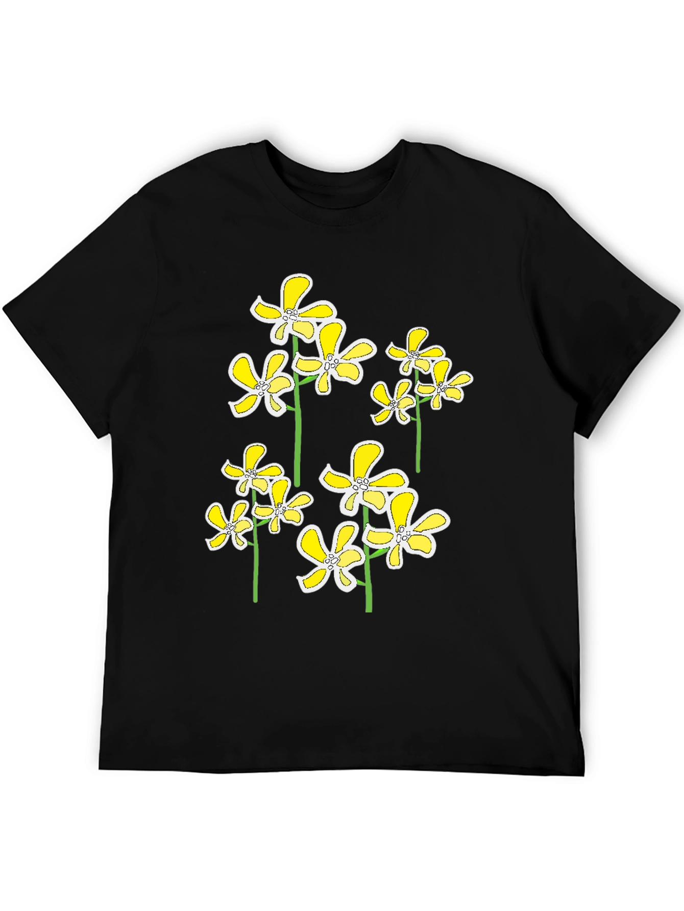 Floral Print Black T-Shirt - Yellow Flower Design