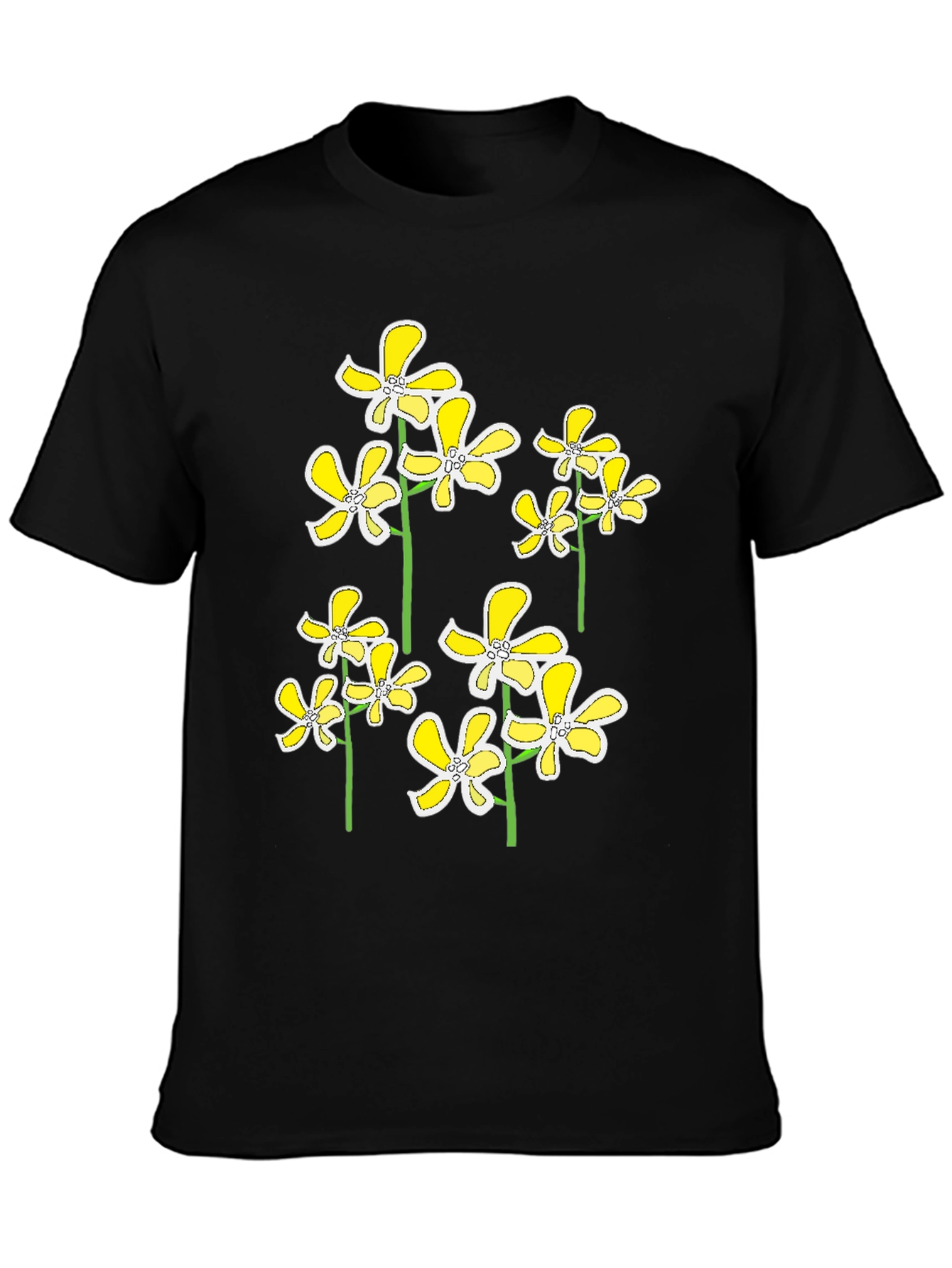 Floral Print Black T-Shirt - Yellow Flower Design