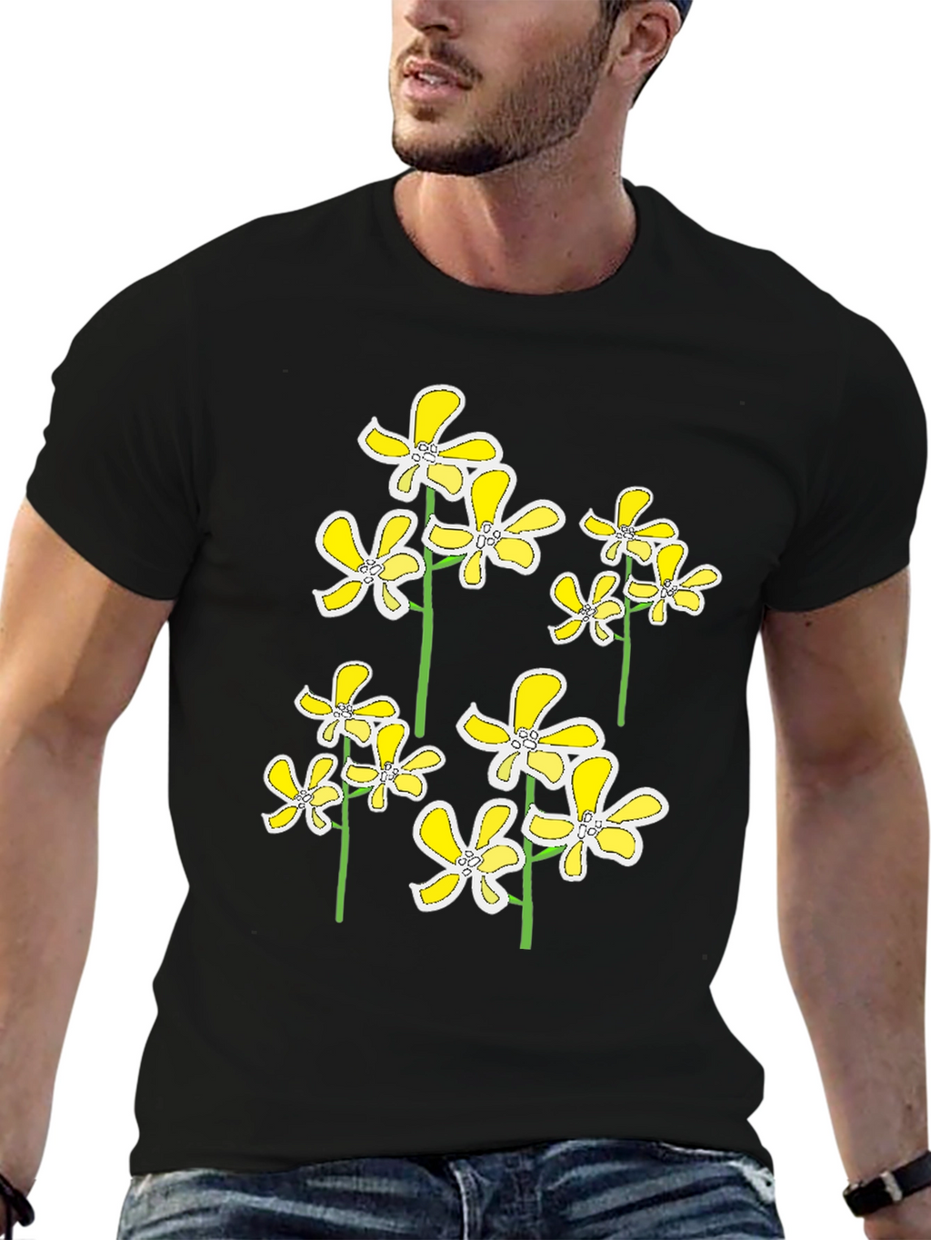 Floral Print Black T-Shirt - Yellow Flower Design