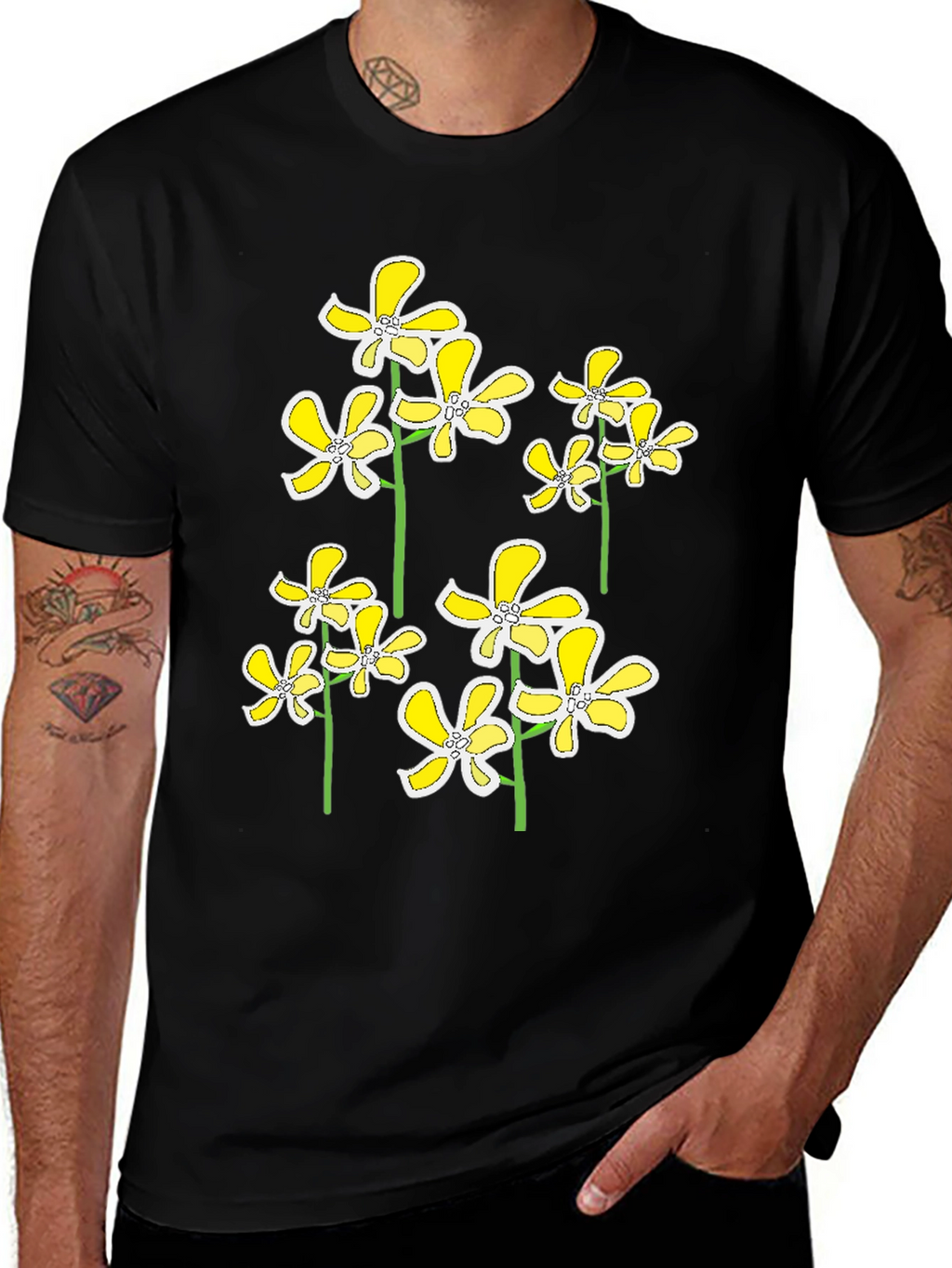 Floral Print Black T-Shirt - Yellow Flower Design