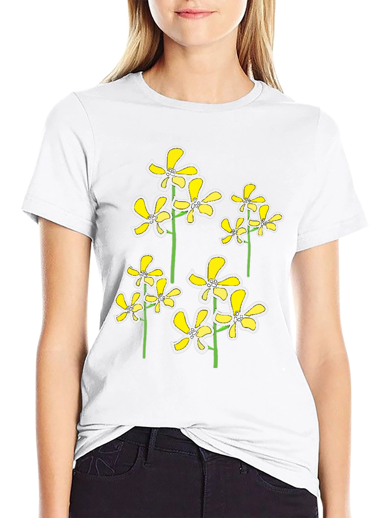 Floral Print Black T-Shirt - Yellow Flower Design