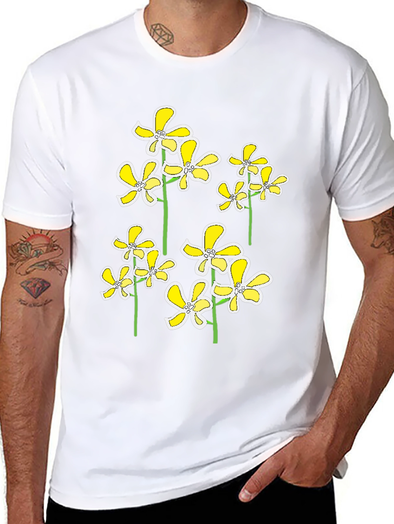 Floral Print Black T-Shirt - Yellow Flower Design