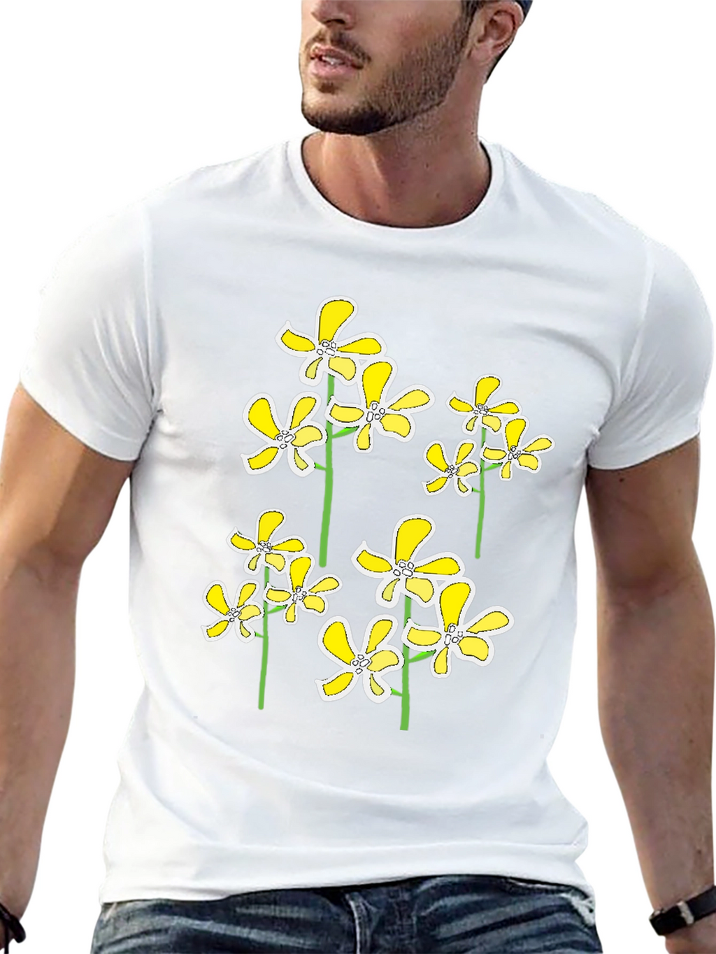 Floral Print Black T-Shirt - Yellow Flower Design