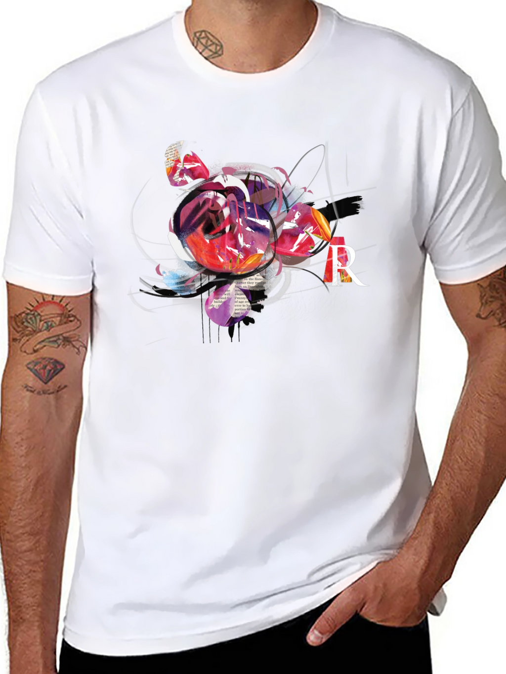 Abstract Rose & R Letter Black Graphic Tee