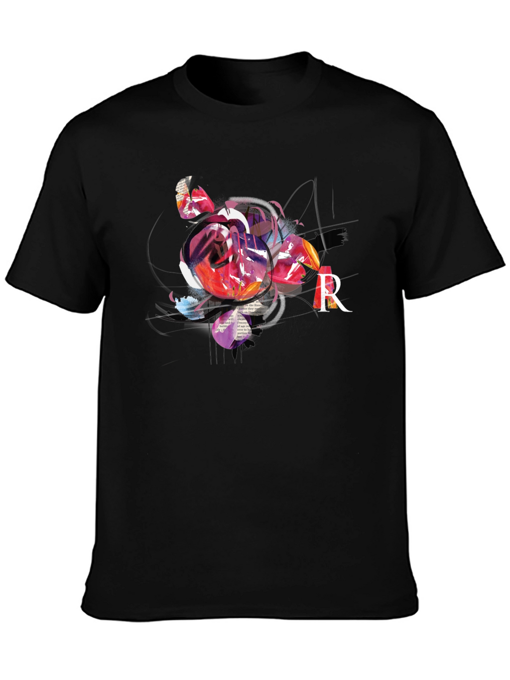Abstract Rose & R Letter Black Graphic Tee