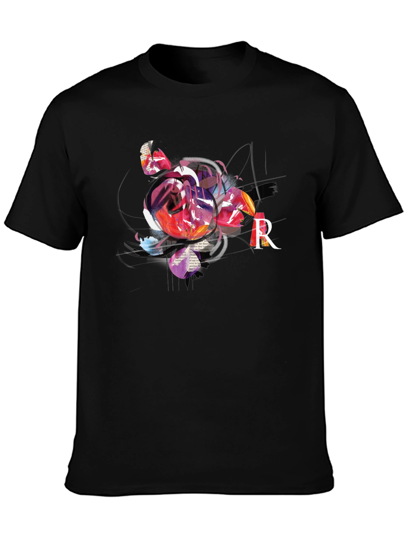 Abstract Rose & R Letter Black Graphic Tee