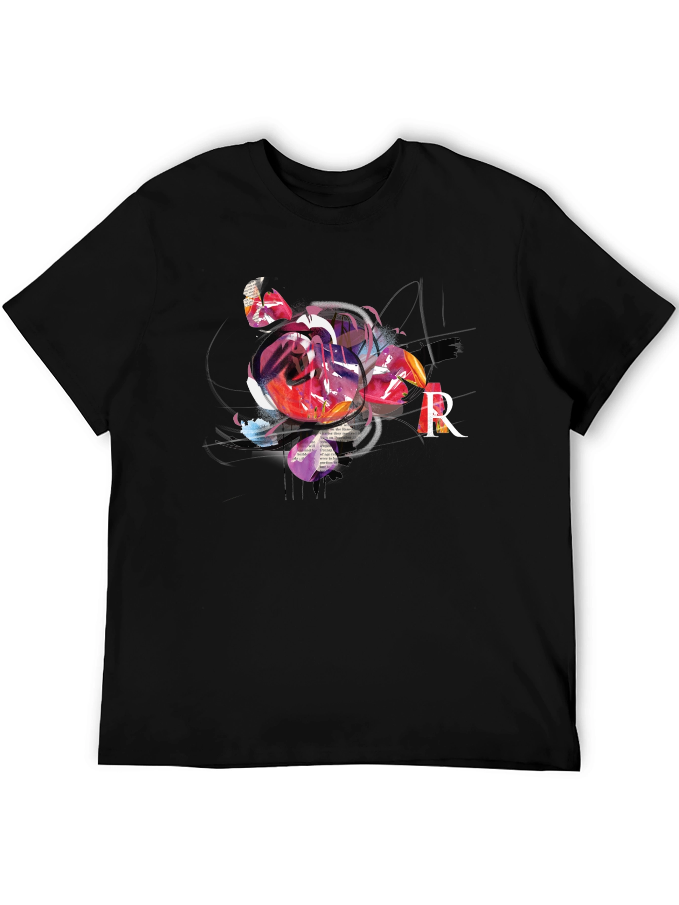 Abstract Rose & R Letter Black Graphic Tee