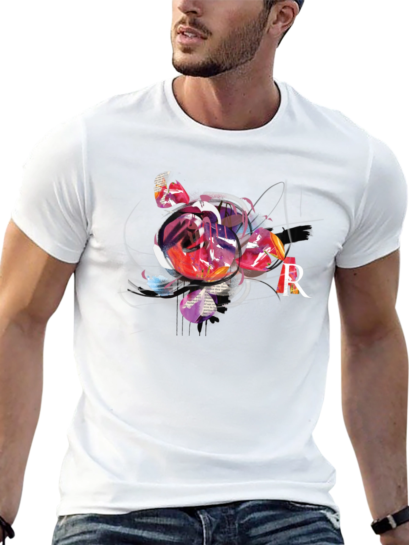 Abstract Rose & R Letter Black Graphic Tee