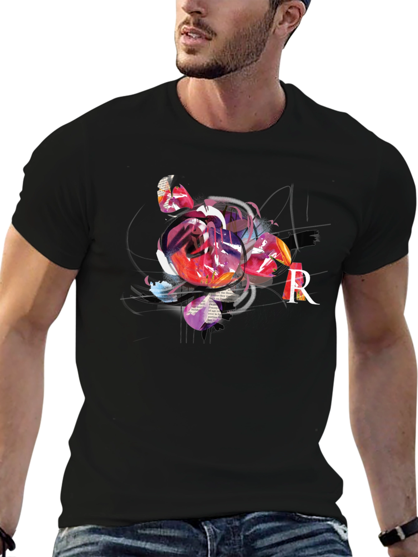 Abstract Rose & R Letter Black Graphic Tee