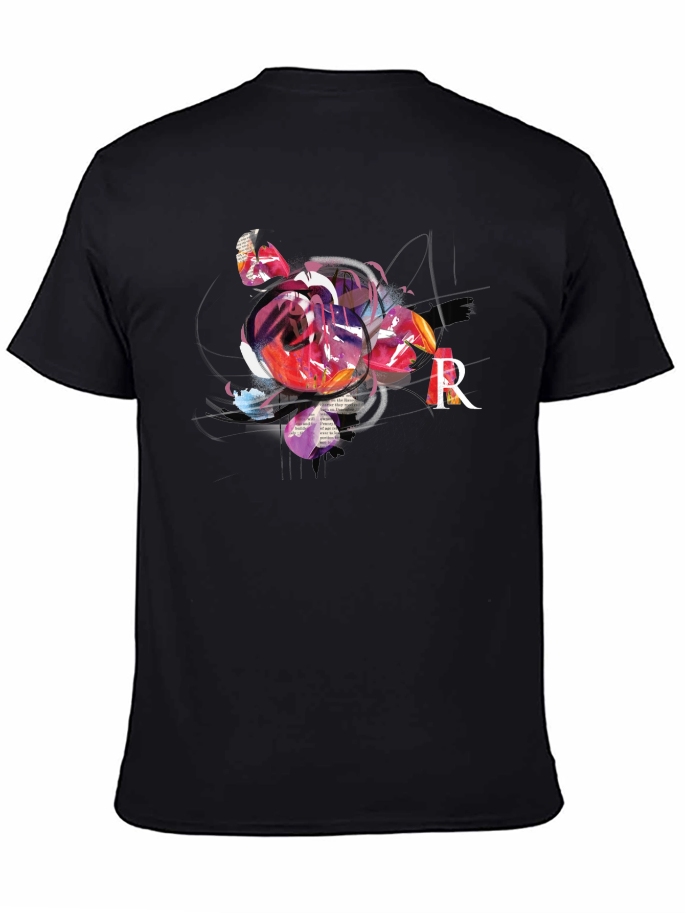 Abstract Rose & R Letter Black Graphic Tee
