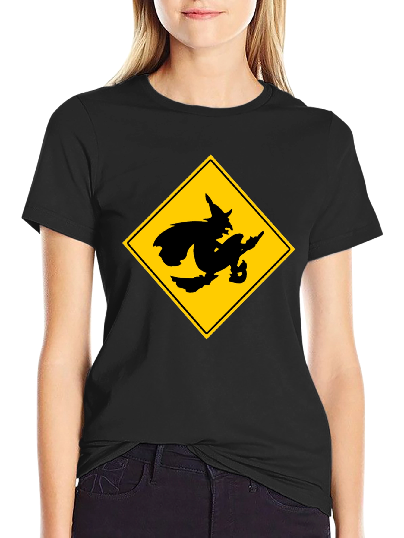 Witch Crossing Sign Black T-Shirt