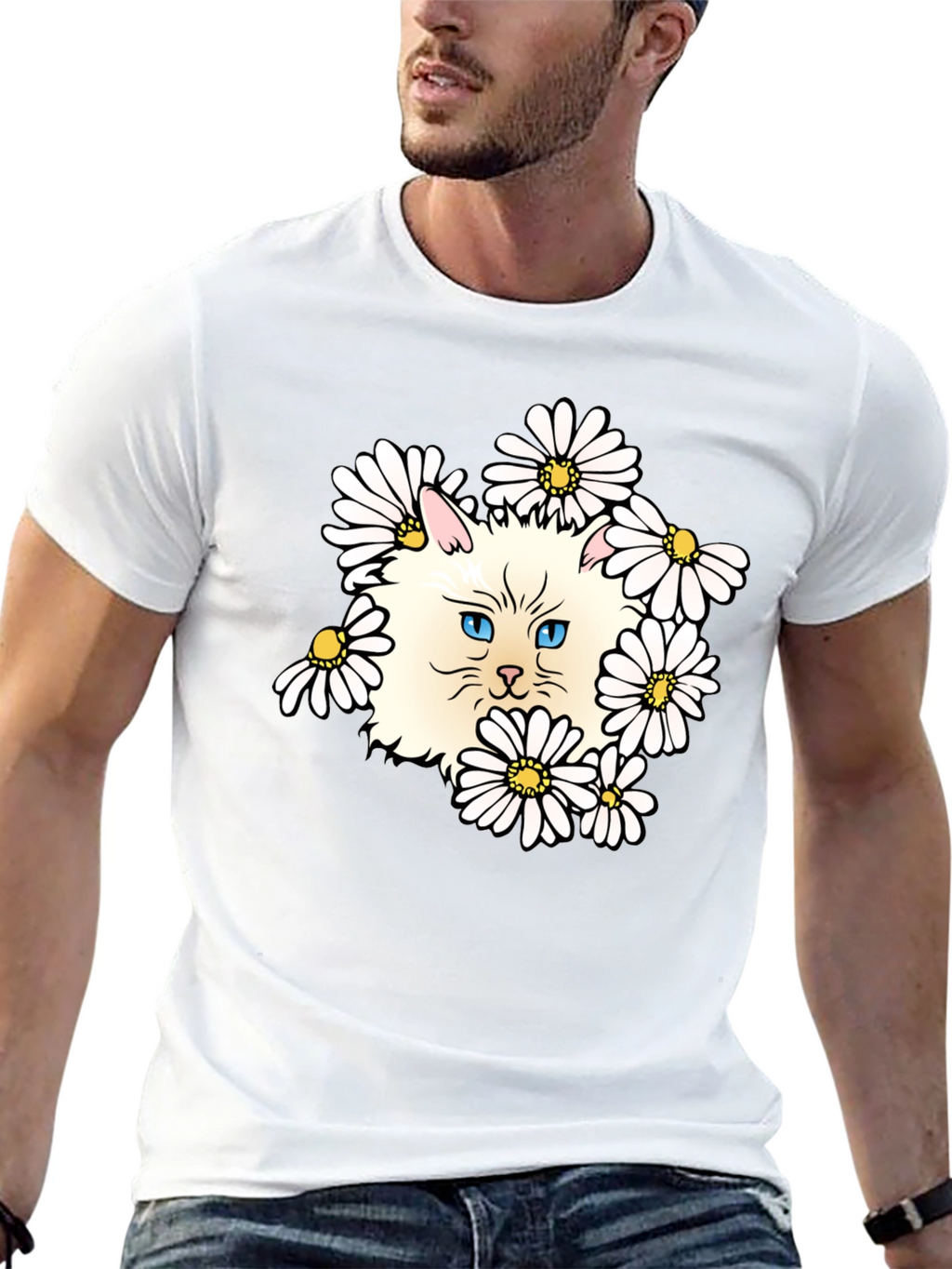 Cat & Daisy Graphic T-Shirt - Black