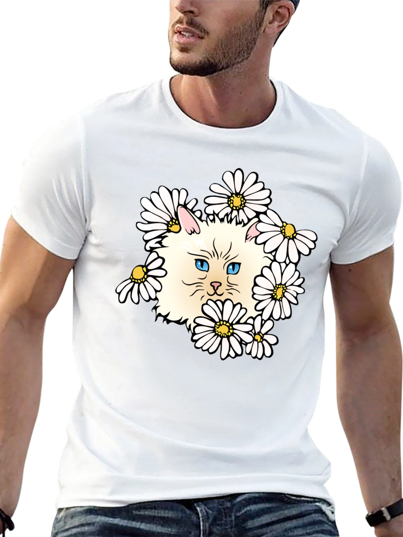 Cat & Daisy Graphic T-Shirt - Black