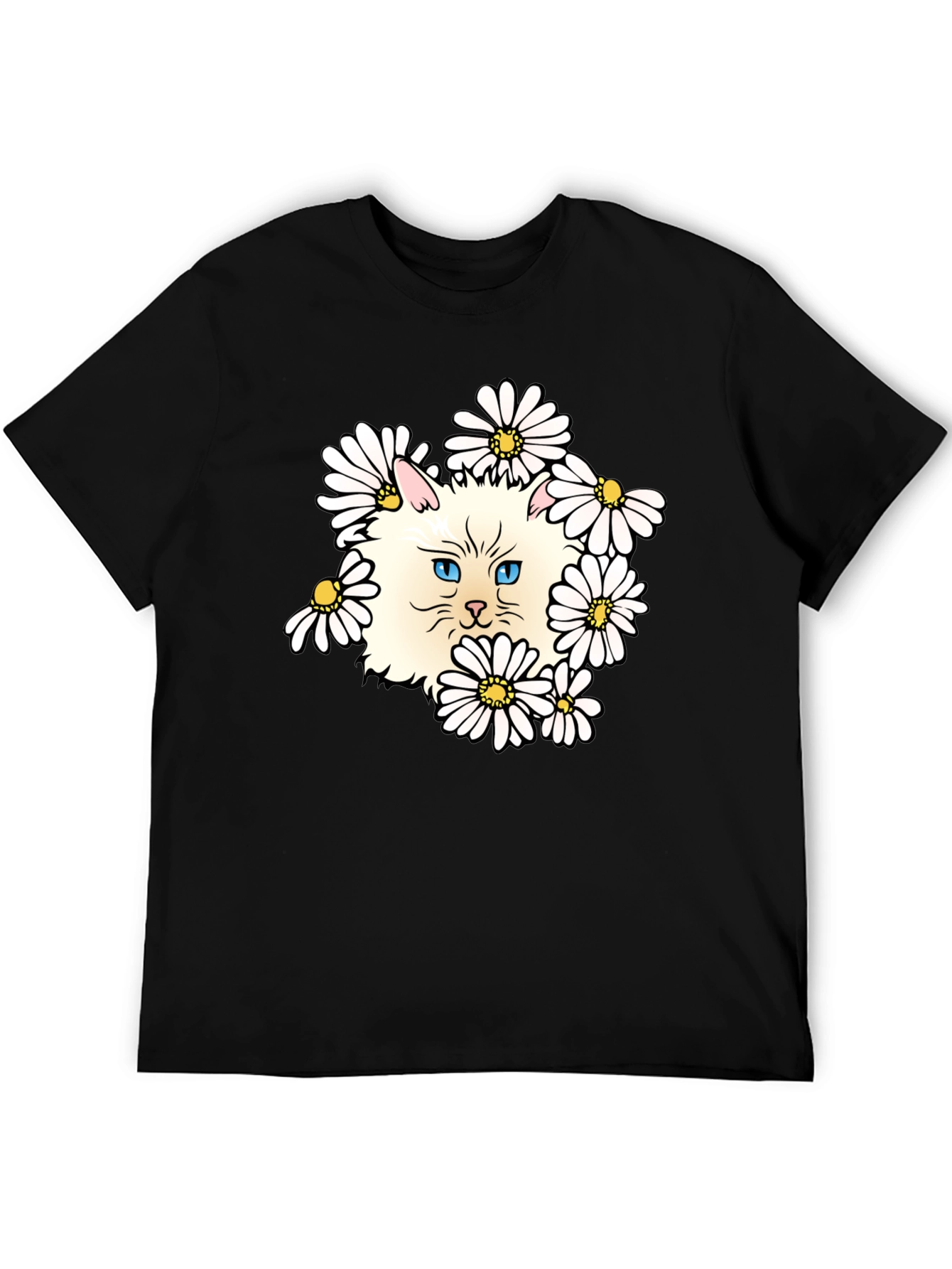 Cat & Daisy Graphic T-Shirt - Black