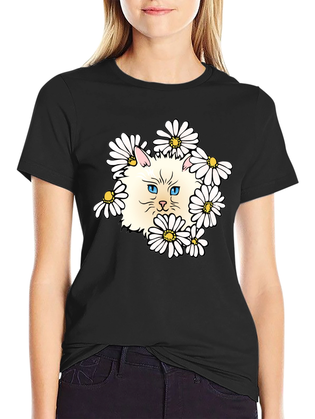 Cat & Daisy Graphic T-Shirt - Black