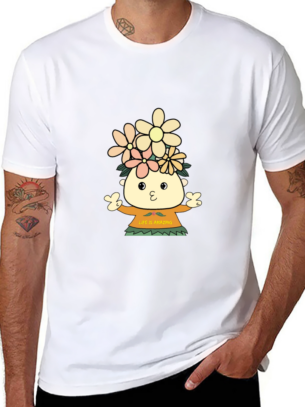 Black T-Shirt with Cartoon Flower Child Design