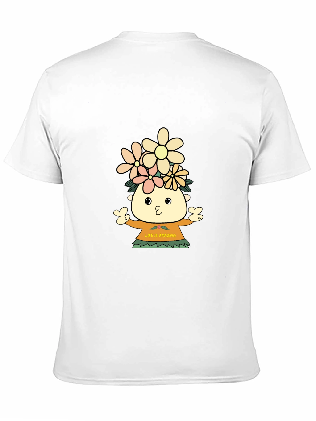 Black T-Shirt with Cartoon Flower Child Design
